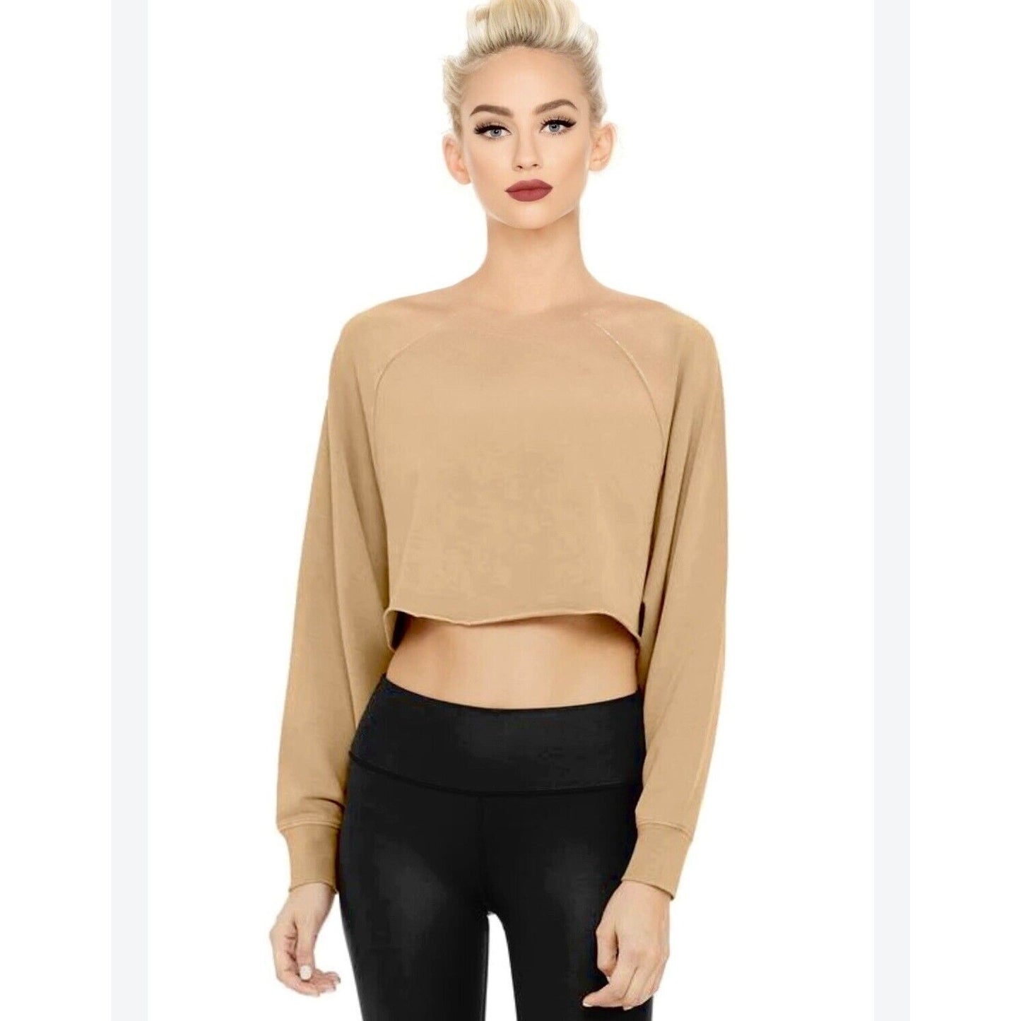 Alo Yoga Tan Go Washed and Worn Long Sleeve Boat Neck Boxy Crop Sweatshirt L