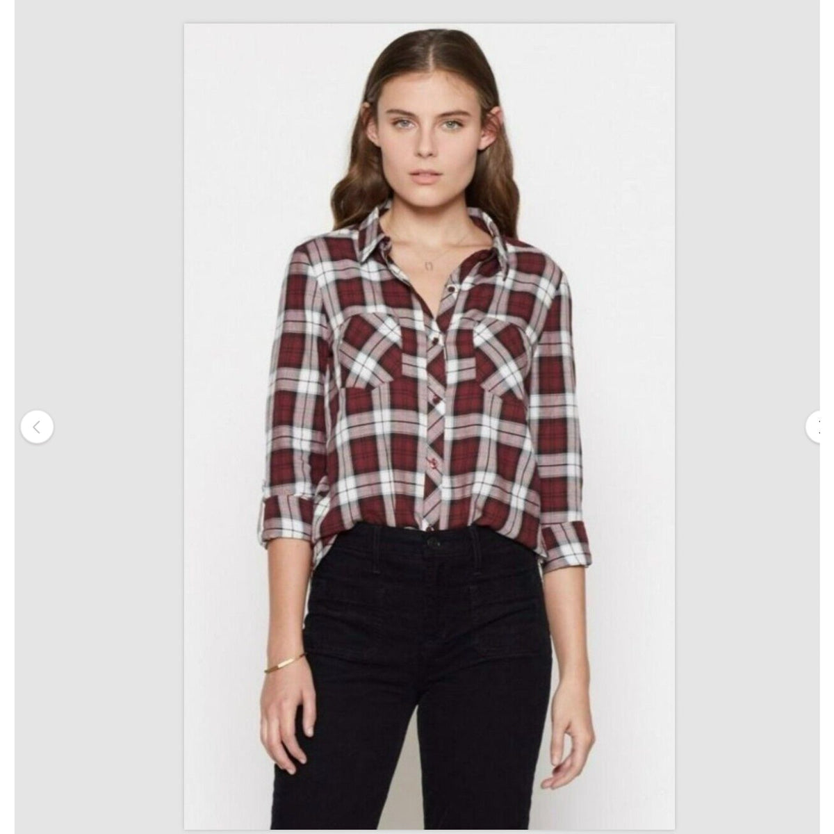 Soft Joie Plaid Button Up Shirt Burgundy Eggplant Roll Tab Sleeve Small