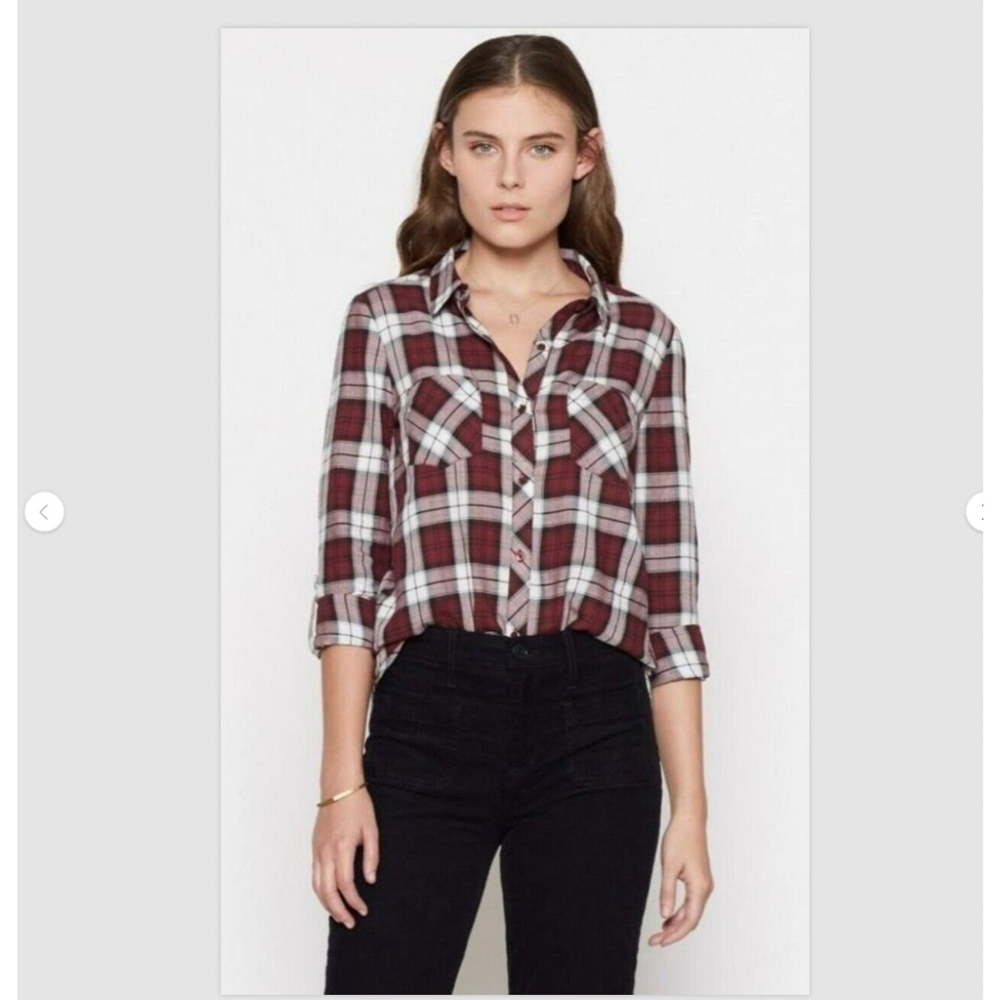 Soft Joie Plaid Button Up Shirt Burgundy Eggplant Roll Tab Sleeve Small