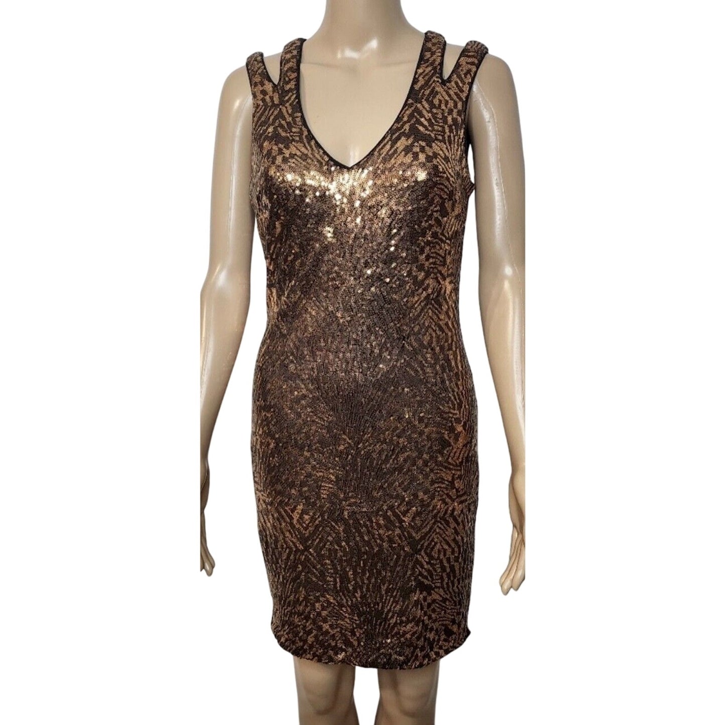 Bebe Copper Bronze Metallic Sequin Strappy Mini Dress Criss Cross Back Zip M