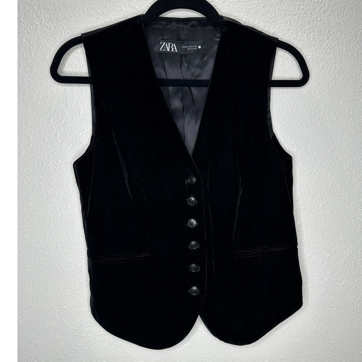 Zara Black Velour Tailored Button Front Vest Front Flap Details XS
