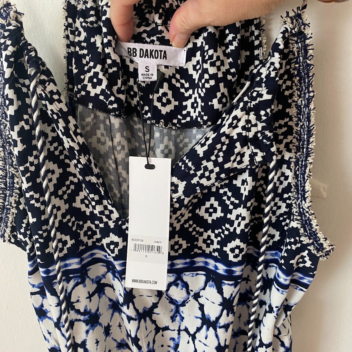 BB Dakota Beale Blue White Aztec Tie Dye Halter Tassel Tie Romper Pockets Small