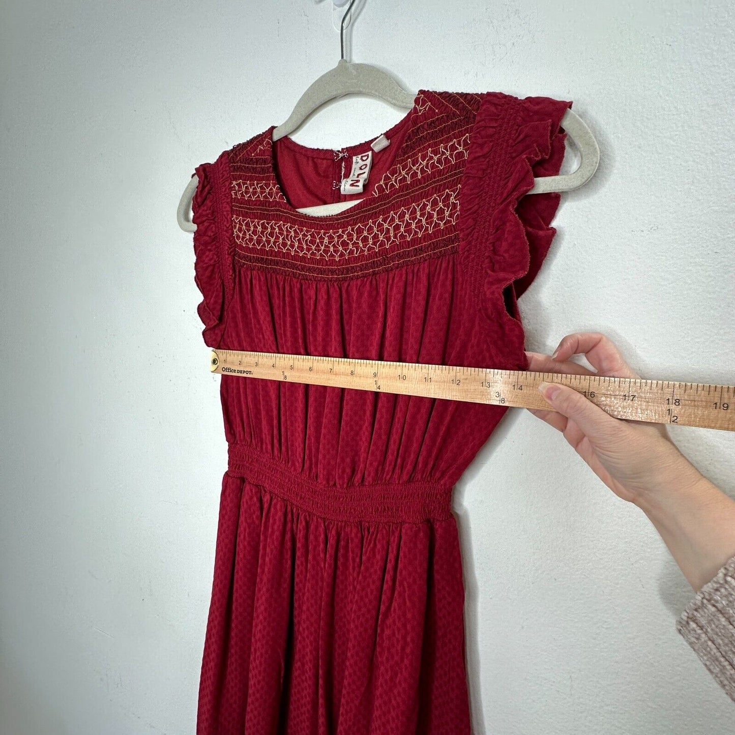 Anthropologie Dolan Red Left Coast Tansy Smocked Midi Ruffle-Shoulder Dress XS