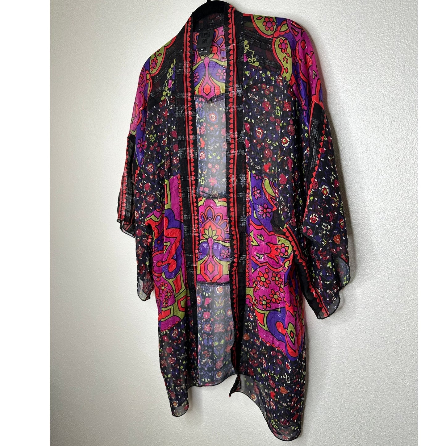 Anna Sui Multicolor Pink Black Purple Sheer Shimmer Floral Paisley Kimono M / L