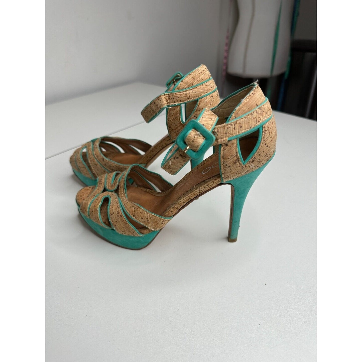 Aldo Platform Turquoise Suede & Tan Cork Stiletto Heel Ankle Strap Sandal 5.5