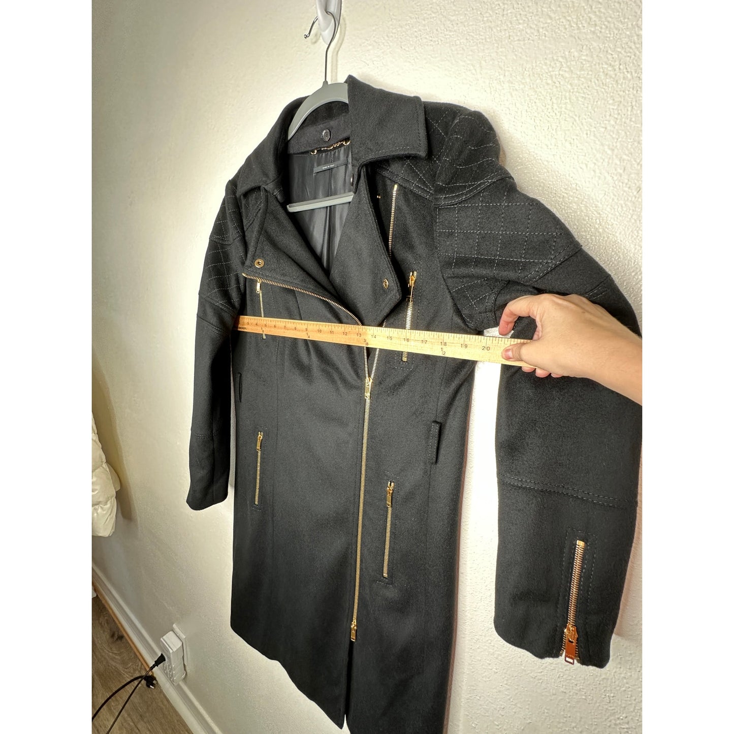Gucci Black Wool Cashmere Sueded Gold Zip Long Line Trench Coat Jacket 44