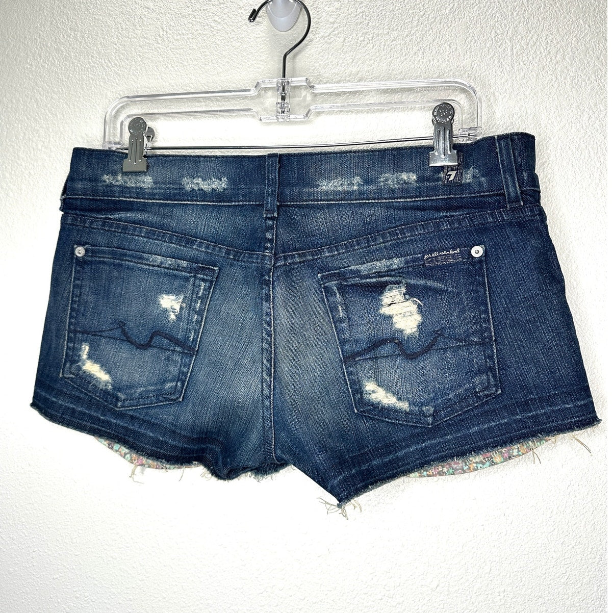 7 For All Mankind Dark Blue Distressed Low Rise Raw Hem Jean Shorts 29