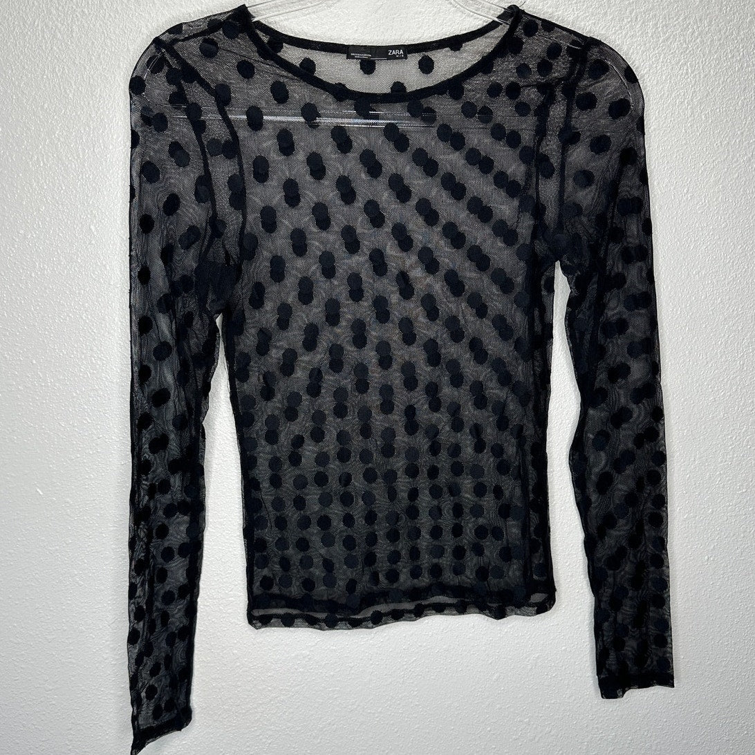 Zara Black Sheer Mesh Polka Dot Long Sleeve round Neck Top Small