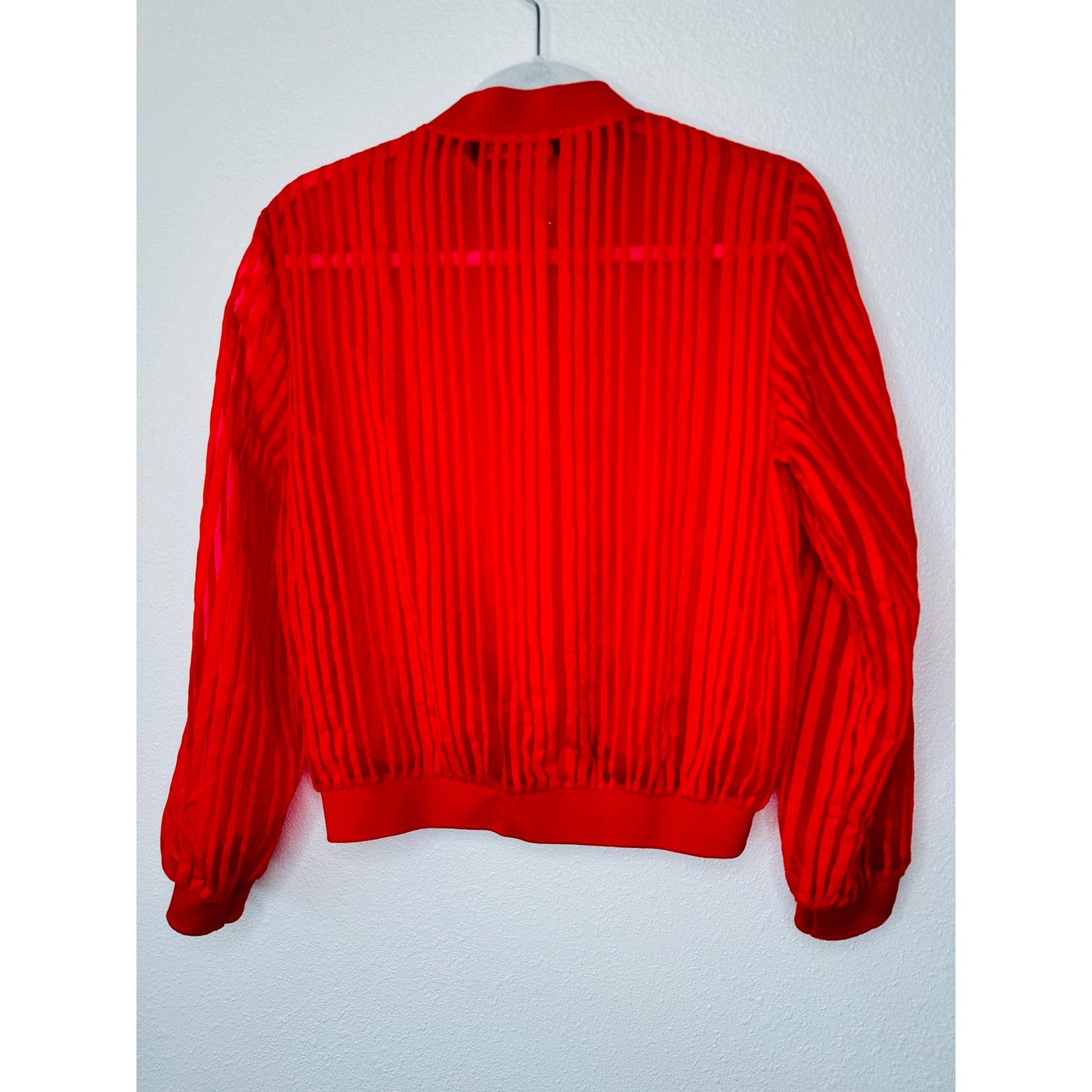 Zara Red Organza Sheer Striped Bomber Jacket Front Zip XS