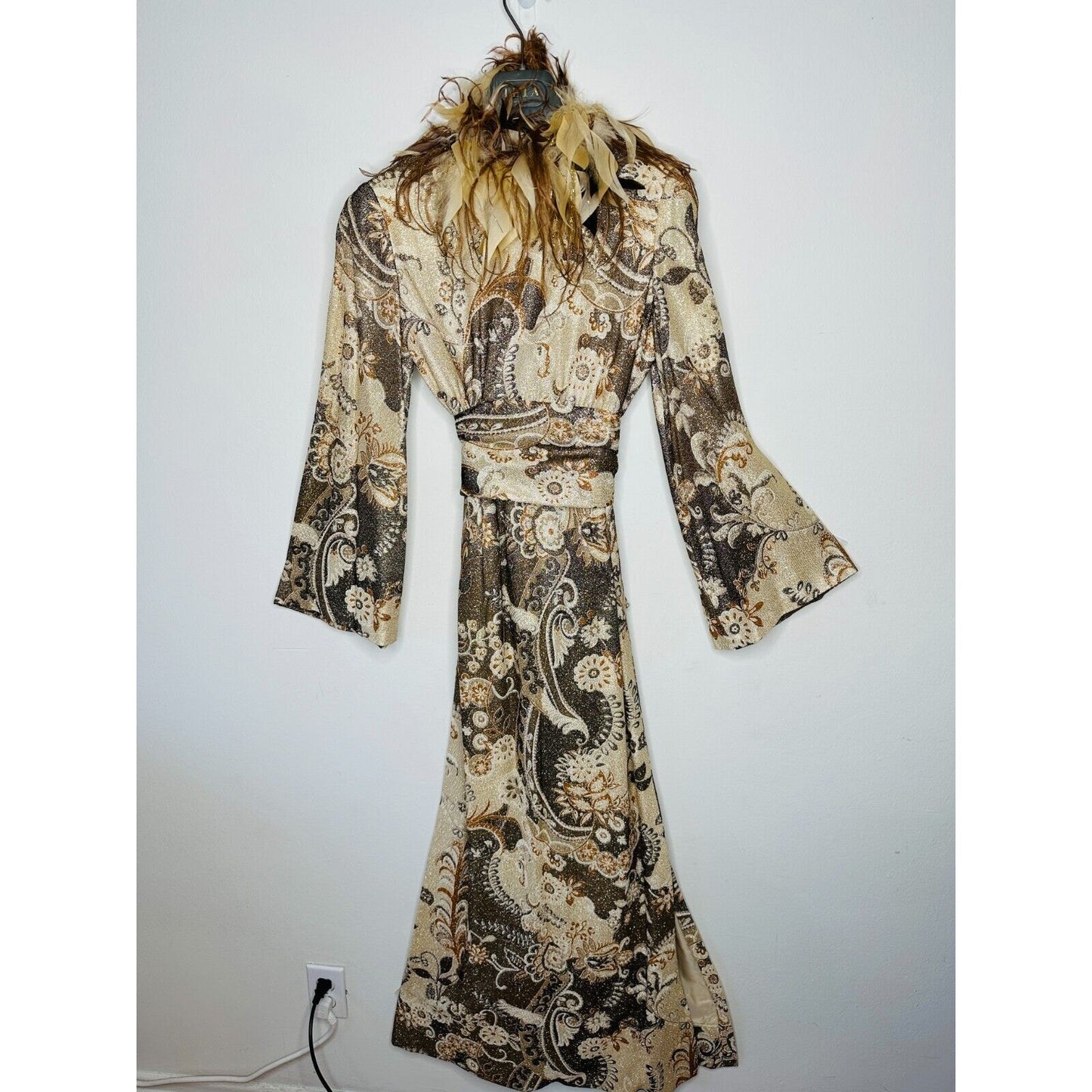 BILL BLASS Vintage 70s Couture Metallic Gold Lurex Knit Dress Ostrich Feather XS - S