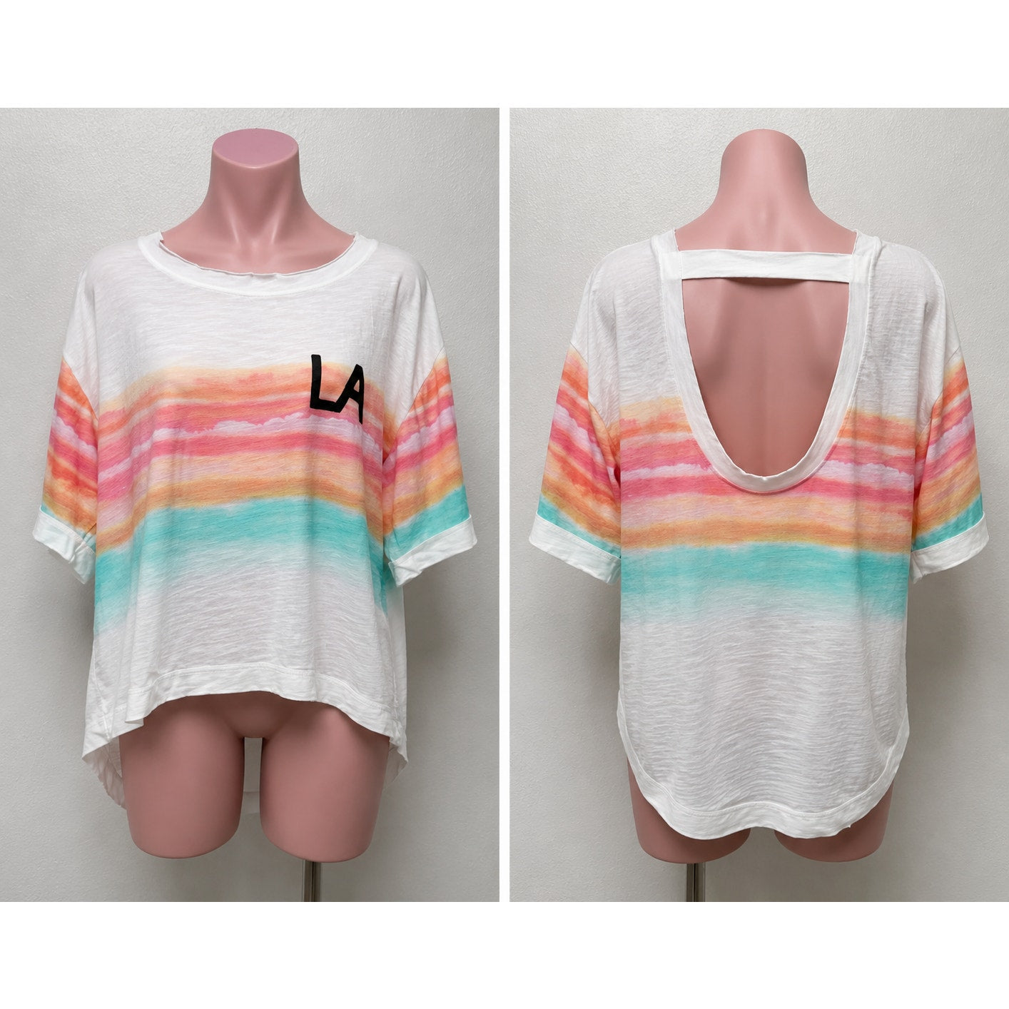 Daily Practice Ivory Peach Teal Striped LA logo High Low Tee XXS