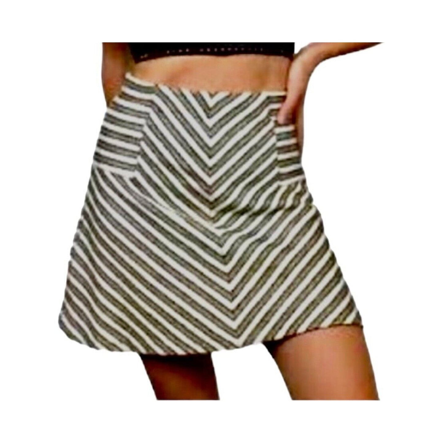 Ann Taylor Loft Petite Textured Cream & Black Chevron Stripes Flare Skirt XXSP