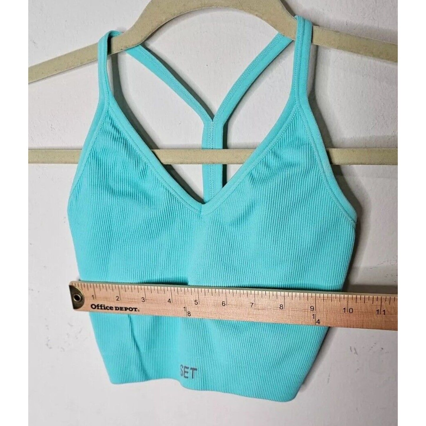 Set Active Light Aqua Ribbed Scuptflex Crop V Neck Skinny Strap Y Back XS / S