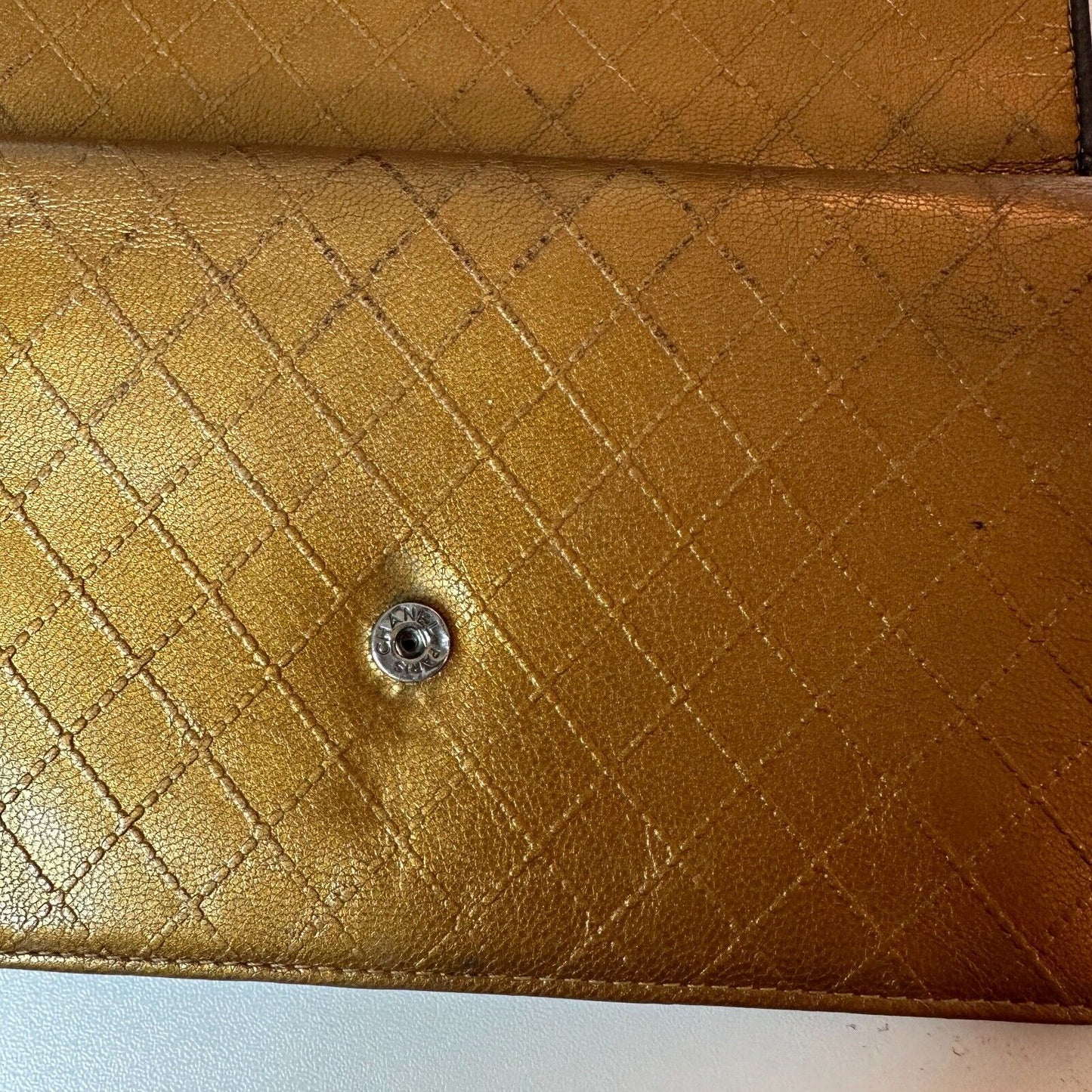 Authentic Chanel Tri-Fold Wallet Gold & Black Interior Trim Leather gold CC Logo