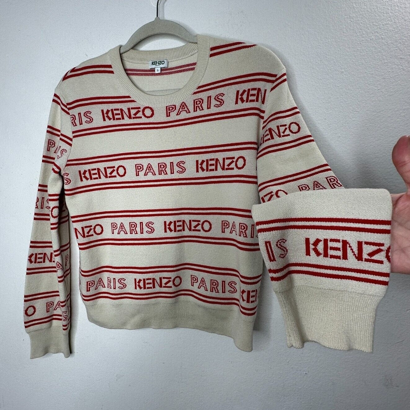 Kenzo Red & Tan Striped Woven Logo Knitted Sweater Long Sleeve Round Neck Small