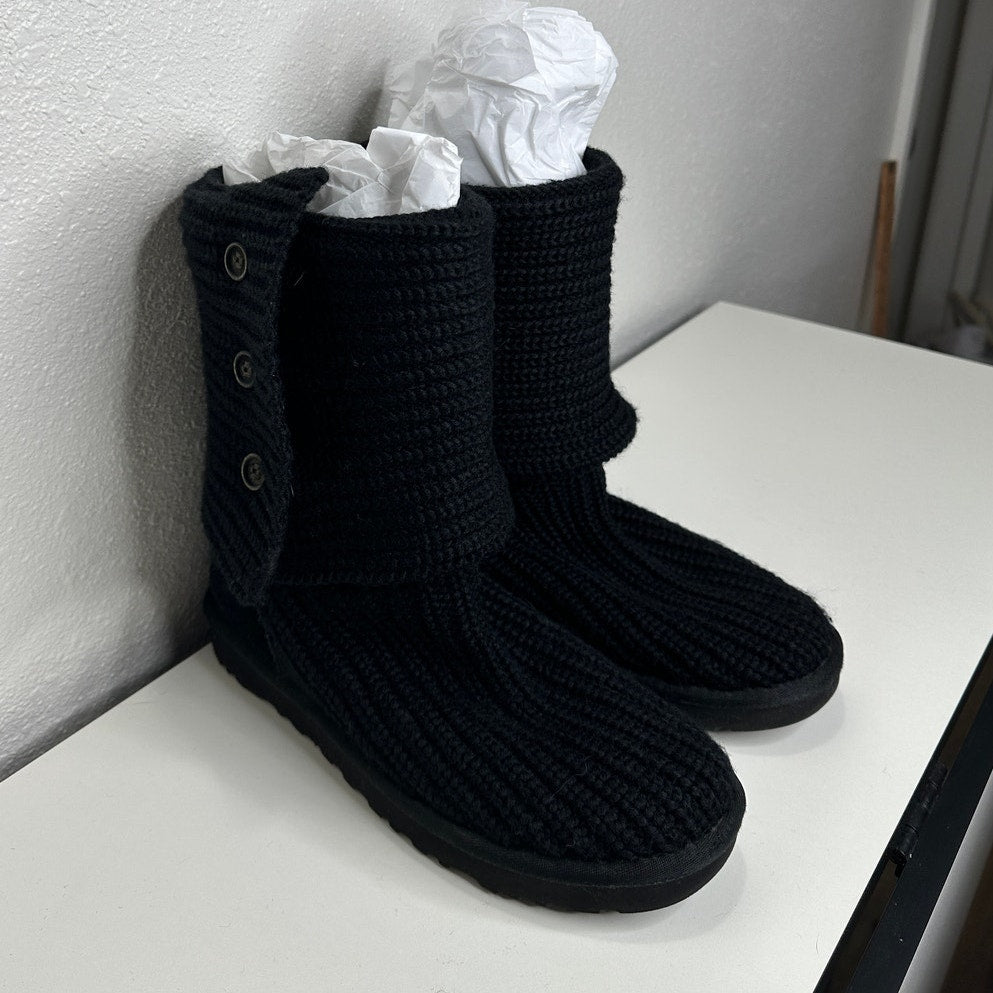 Ugg Black Cardy Classic Knitted Sweater Tall Foldover Button Boot 7