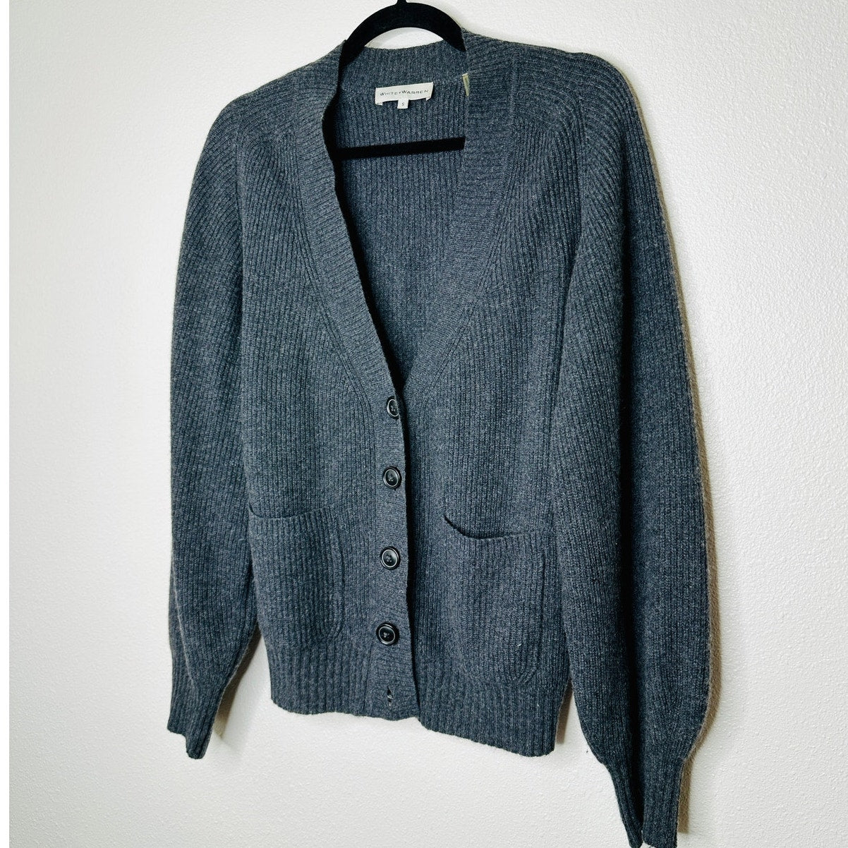 White + Warren Gray Recycled Cashmere Ribbed Button Boyfriend Cardigan S