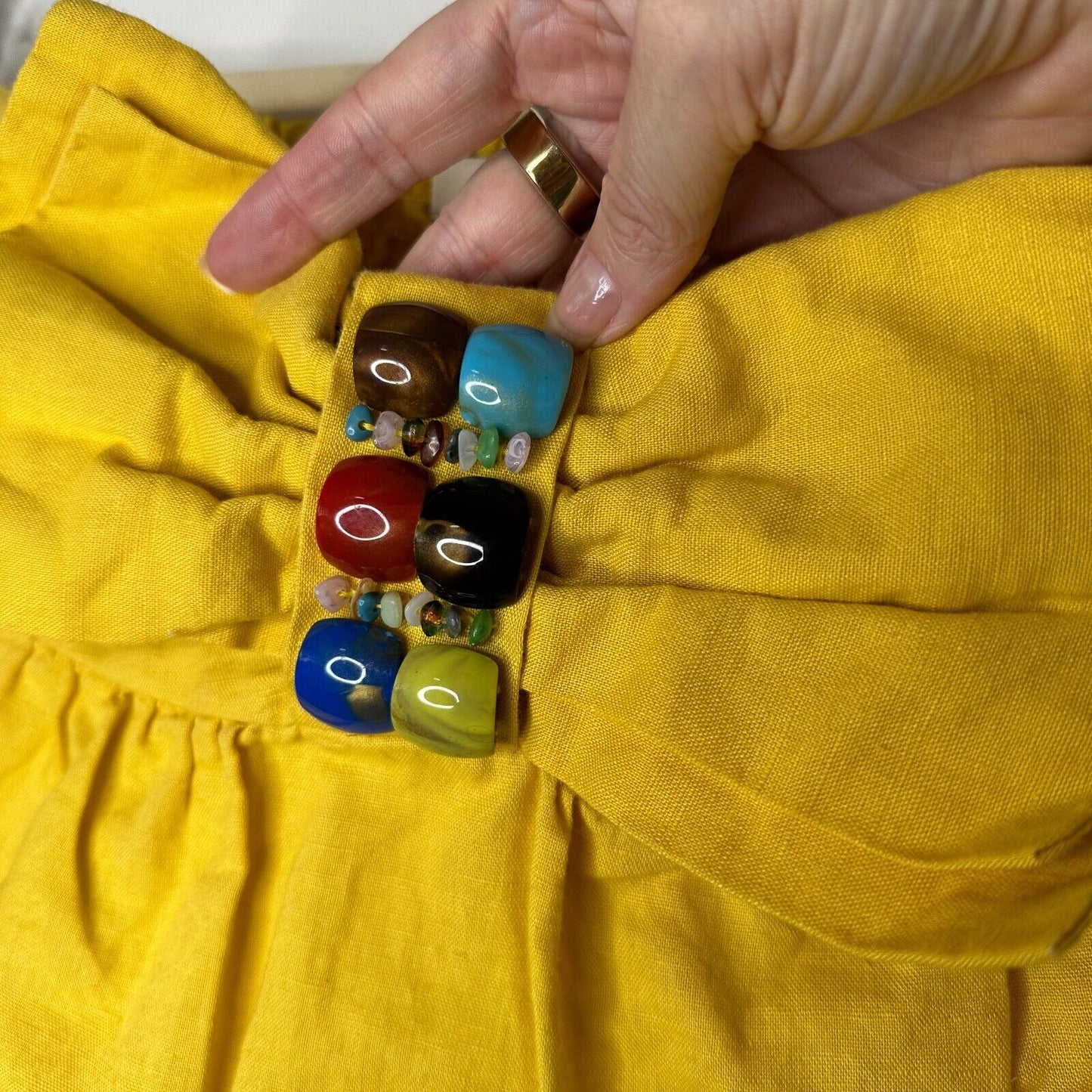 Yellow Linen Sleeveless Blouson Blouse Mini Dress Bead Bow Tie Front S