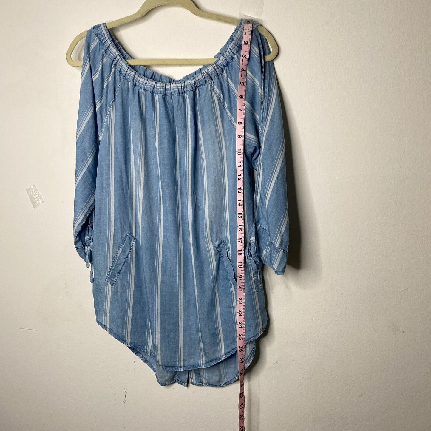 Billy T Blue & White Stripe Linen Off Shoulder 3/4 Tie-Sleeve Back Button Top XS