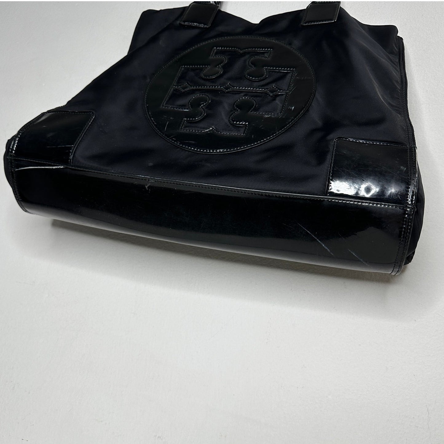 Tory Burch Black Canvas & Patent Leather Tote Bag 11 x 17