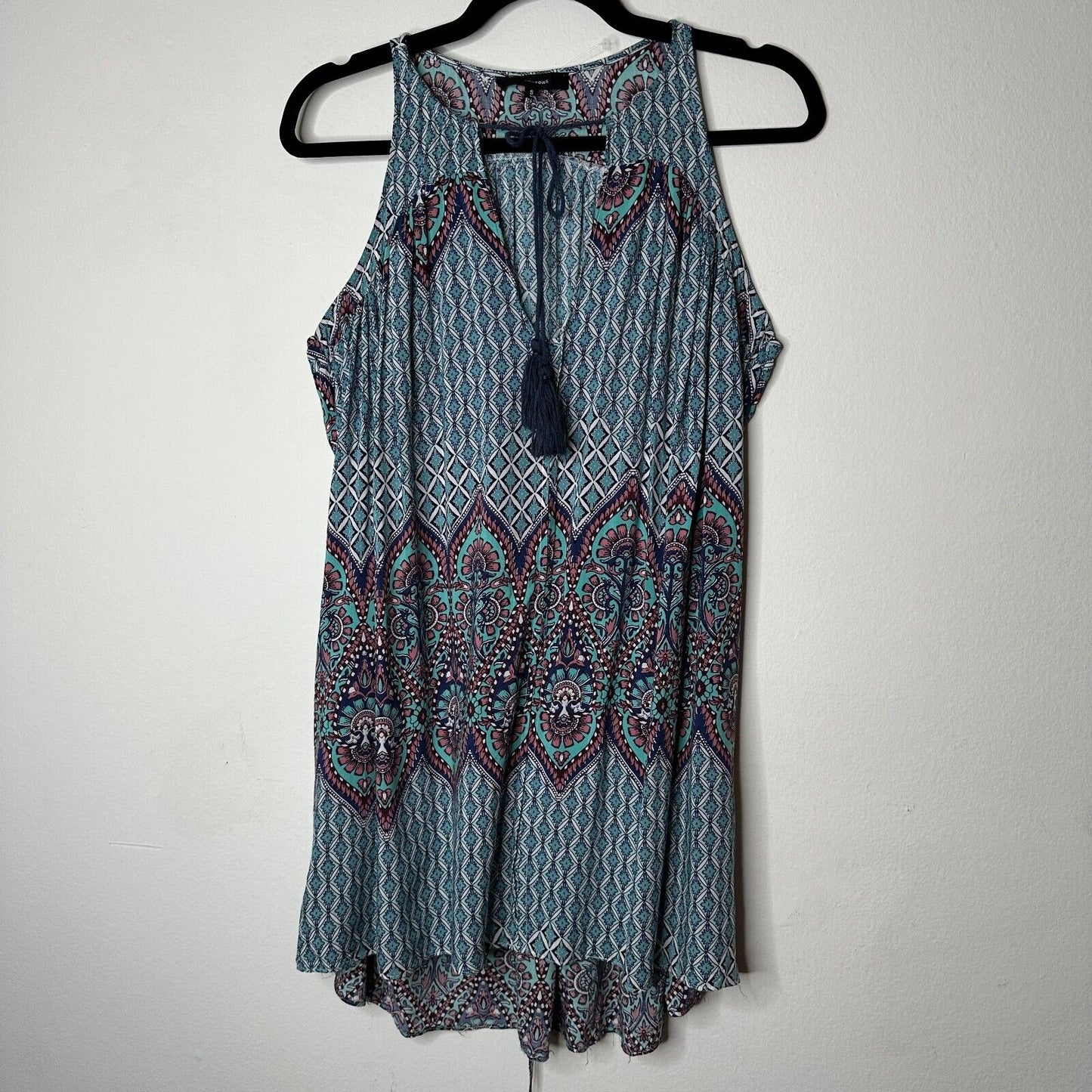 Olivaceous Teal Pink Multi Color Paisley Sleeveless Flowy Mini Tie VFront Small