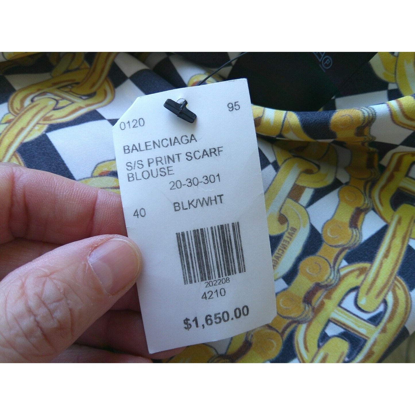 Balenciaga Black White Gold Checked Chain Print Short Sleeve Tie Neck Blouse 40
