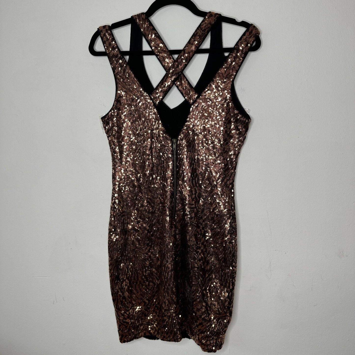 Bebe Copper Bronze Metallic Sequin Strappy Mini Dress Criss Cross Back Zip M