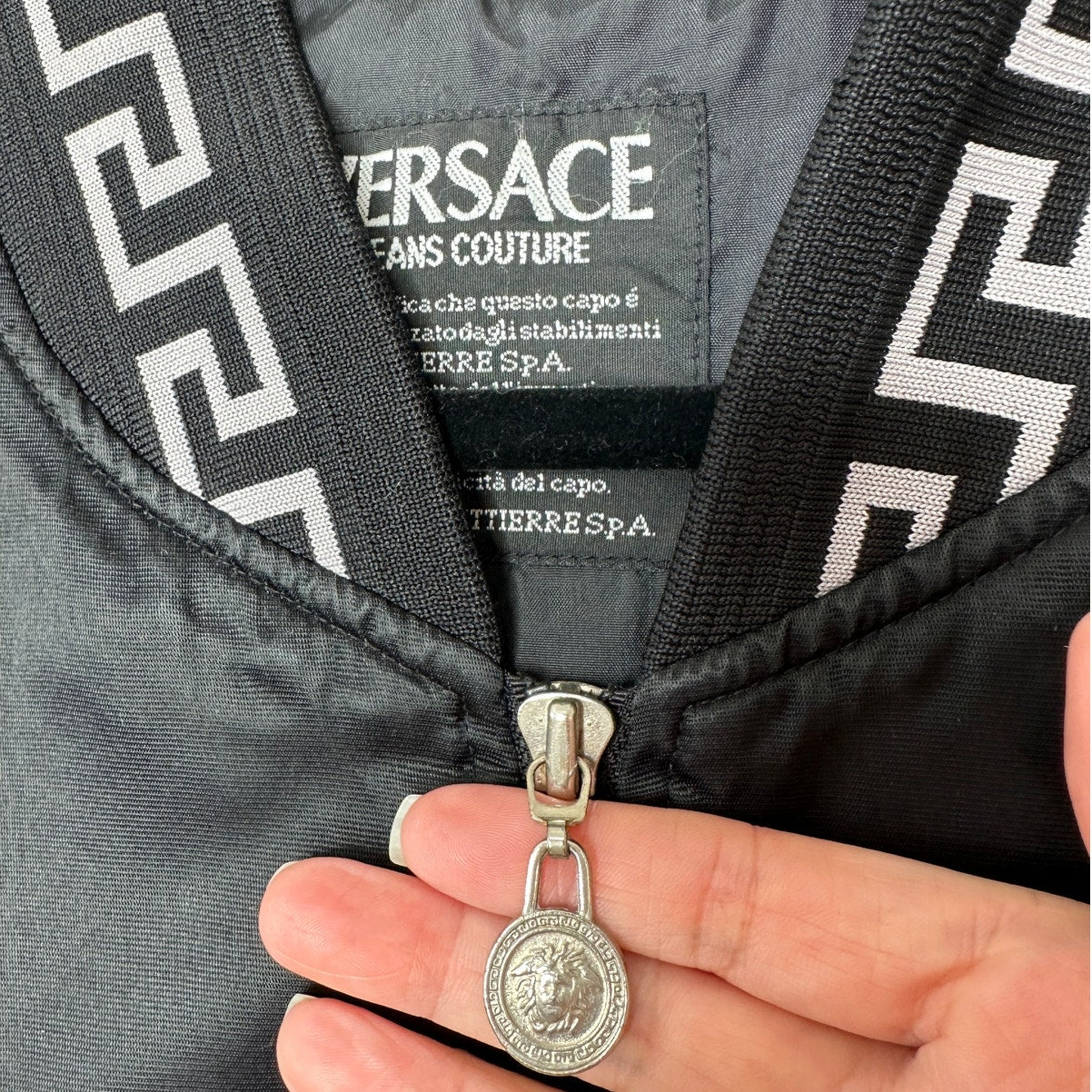 Versace Jeans Medusa Black Silver Embroidered Logo Long Sleeve Zip Bomber Jacket