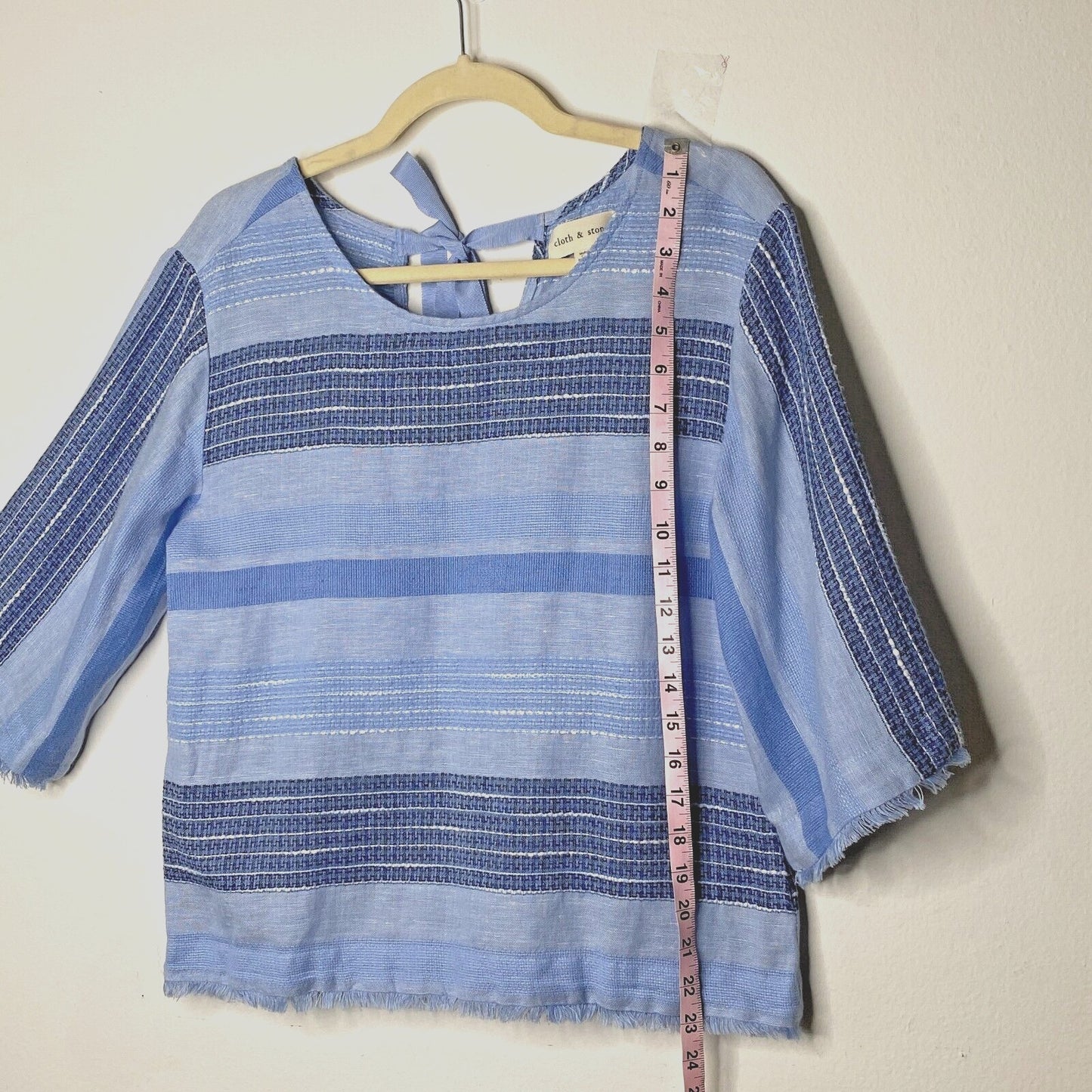 Cloth & Stone Light Blue & Navy Stripe Linen Bell Sleeve Raw Hem Tie Neck Top XS
