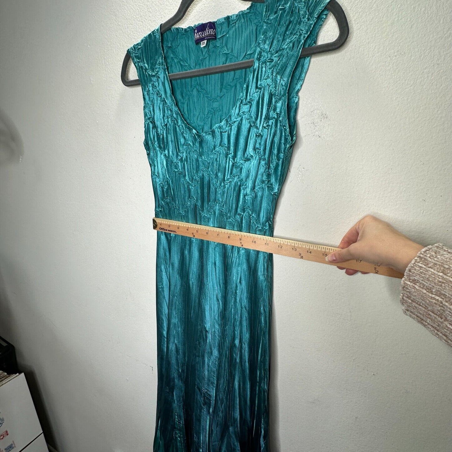 Barcelino Peacock Teal Ombre Sleeveless Crinkle Shimmer Scoop Neck Midi Dress XS