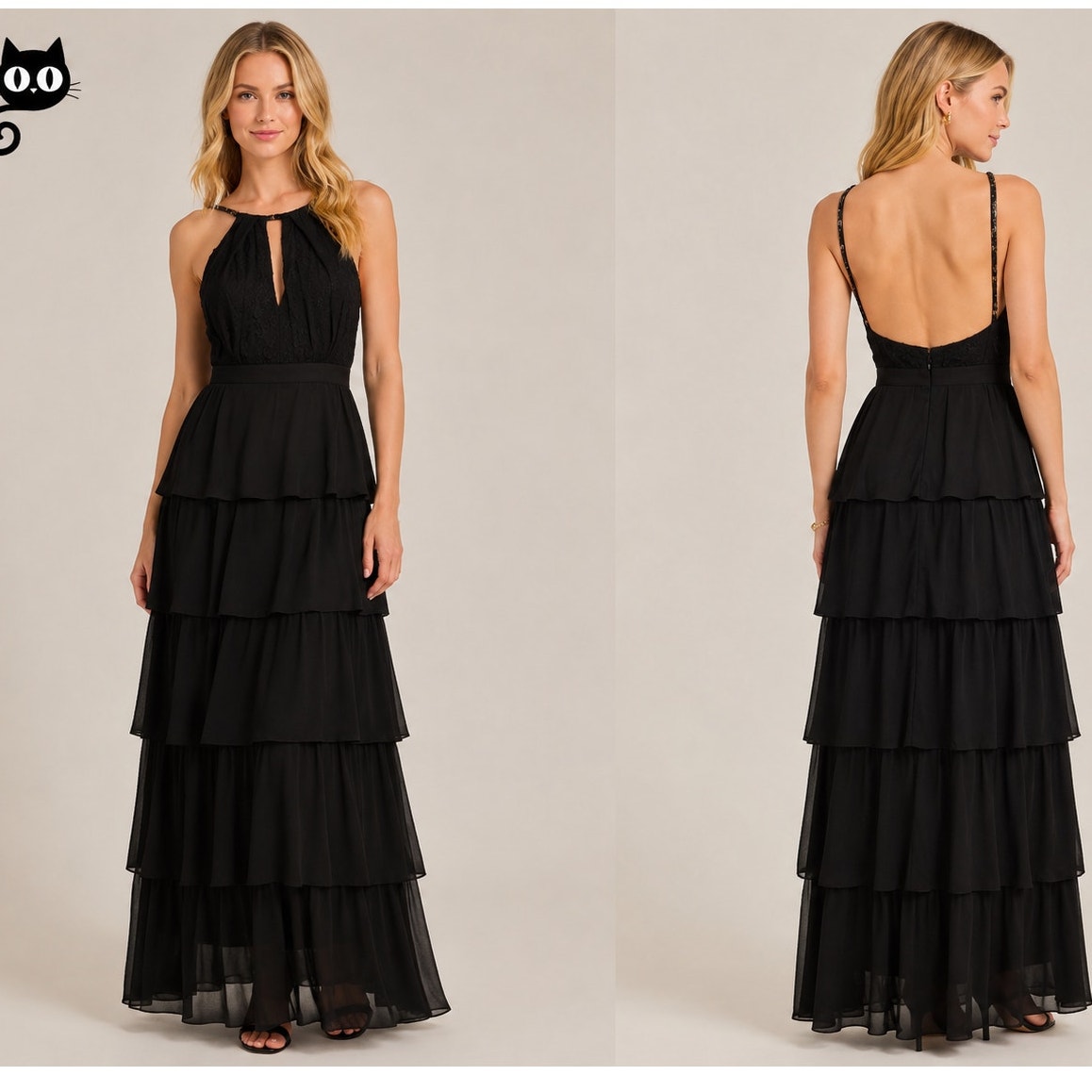BCBGMAXAZRIA Black Lace Tiered Ruffle Low Back Keyhole Front Maxi Dress 4