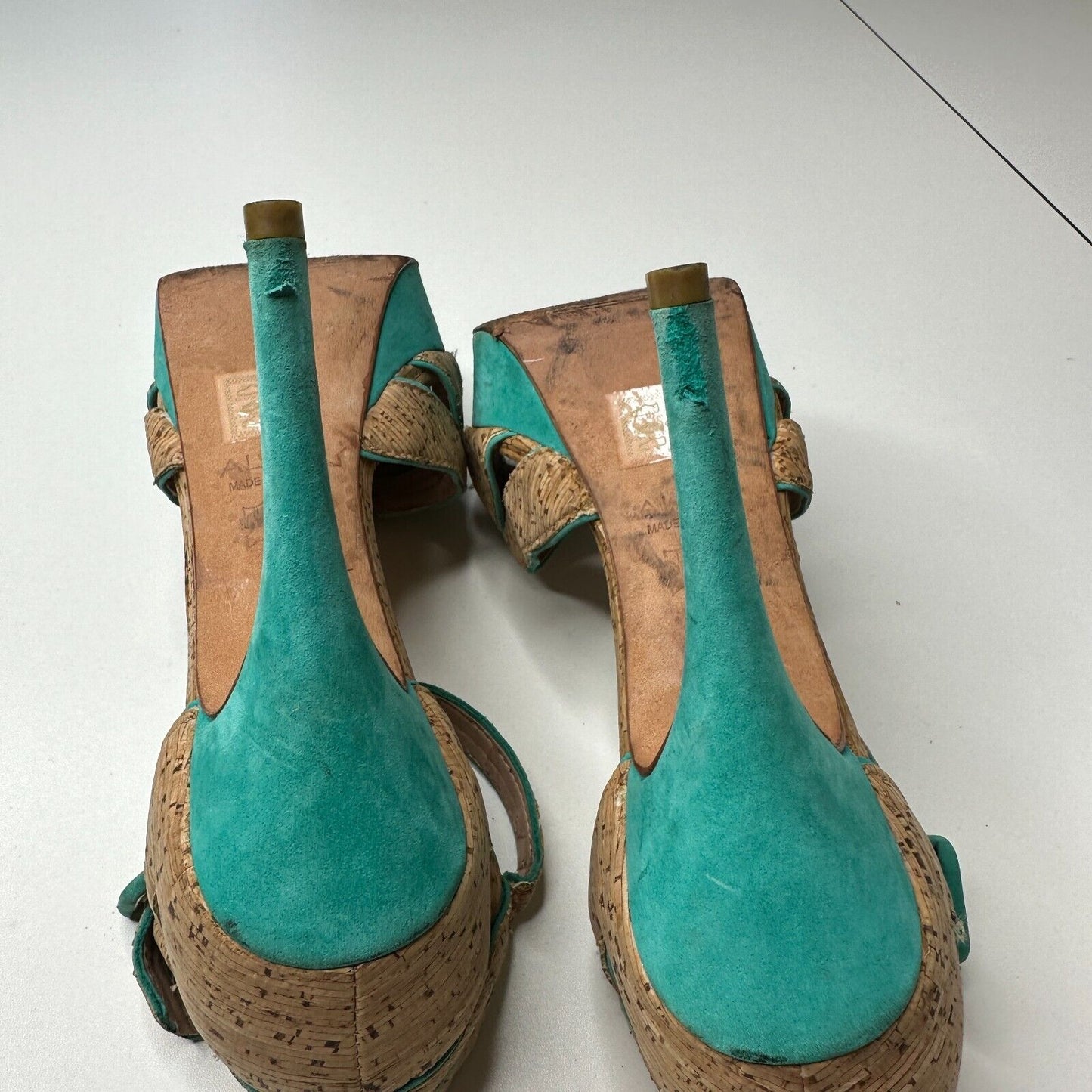 Aldo Platform Turquoise Suede & Tan Cork Stiletto Heel Ankle Strap Sandal 5.5