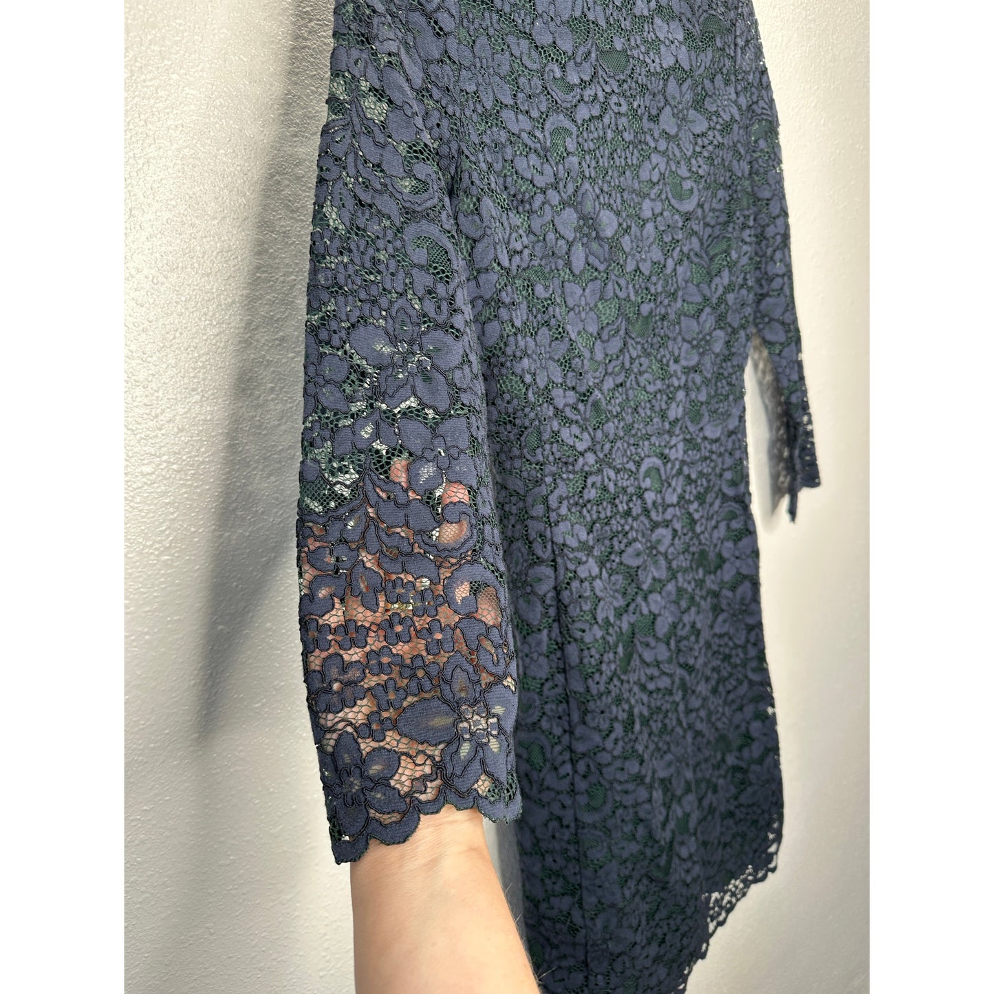 Tory Burch Black Lace with Green Contrast Underlay Jewel Neckline Dress 2
