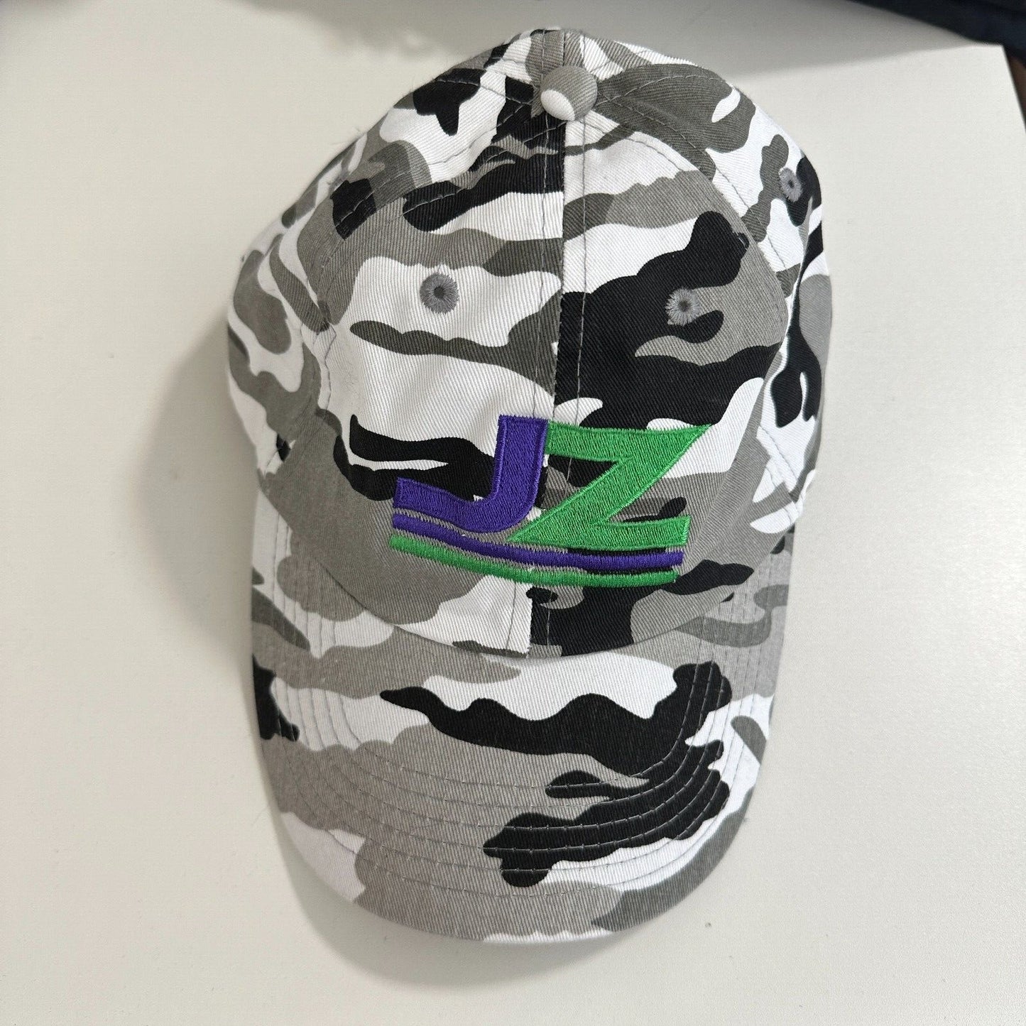 JZ Black Gray White Camo 100% Cotton Adj Baseball Cap Purple and Green JZ Logo