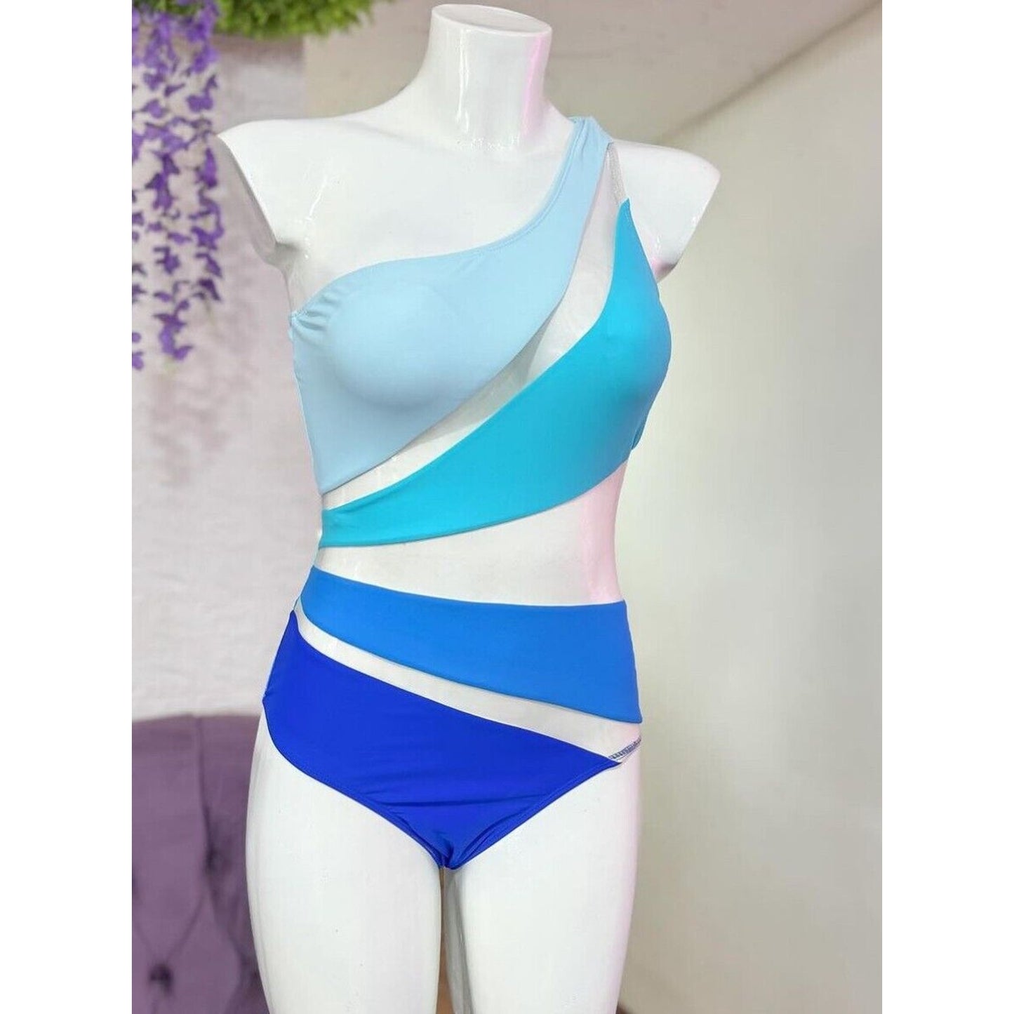 Blue & Teal Color Block Sheer Design One Shoulder Swim Suit One Piece Small