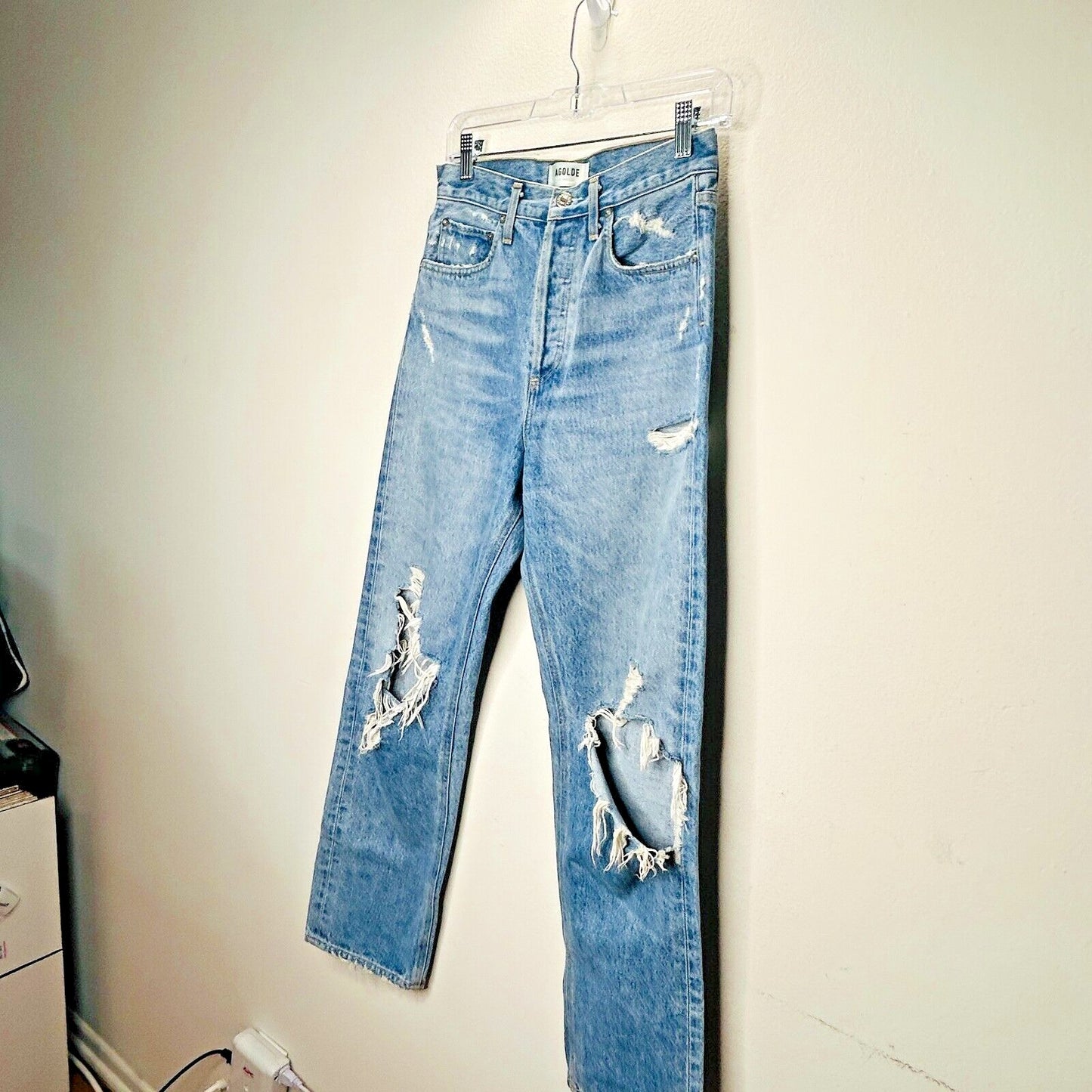 Agolde 90s Medium Wash Mid Rise Button Fly Straight Loose Distressed Jeans 24