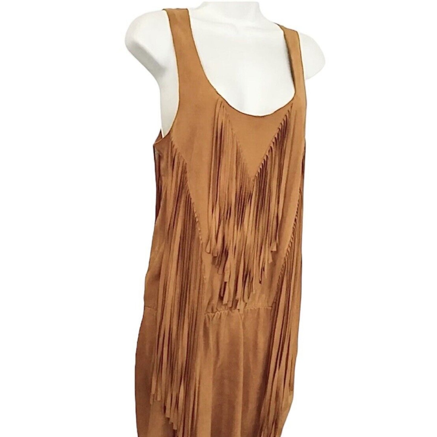 Belair Calvi Camel-Tan Goat Suede Sleeveless Fringed Scoop Neck Mini Dress T2