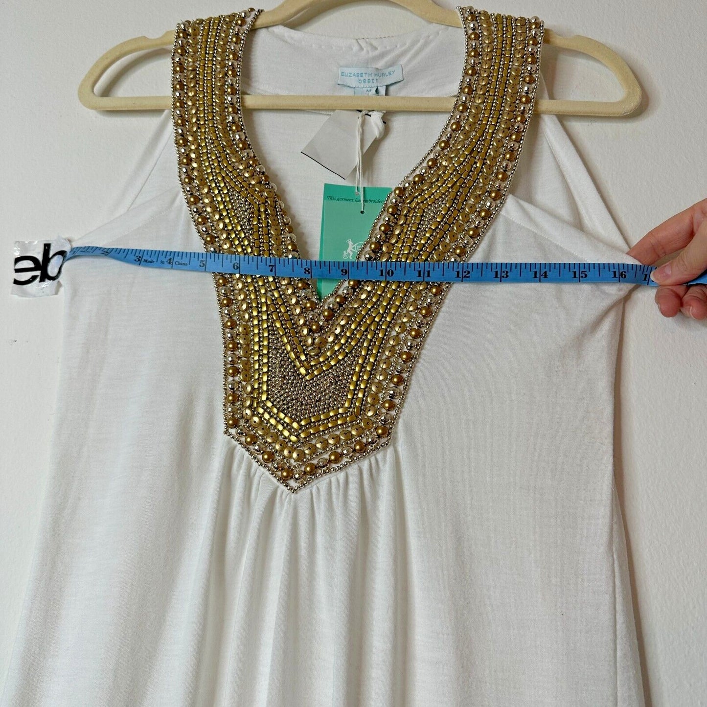 NWT Elizabeth Hurley Beach White Jemima Maxi Gold Embellished Bead Neckline Med