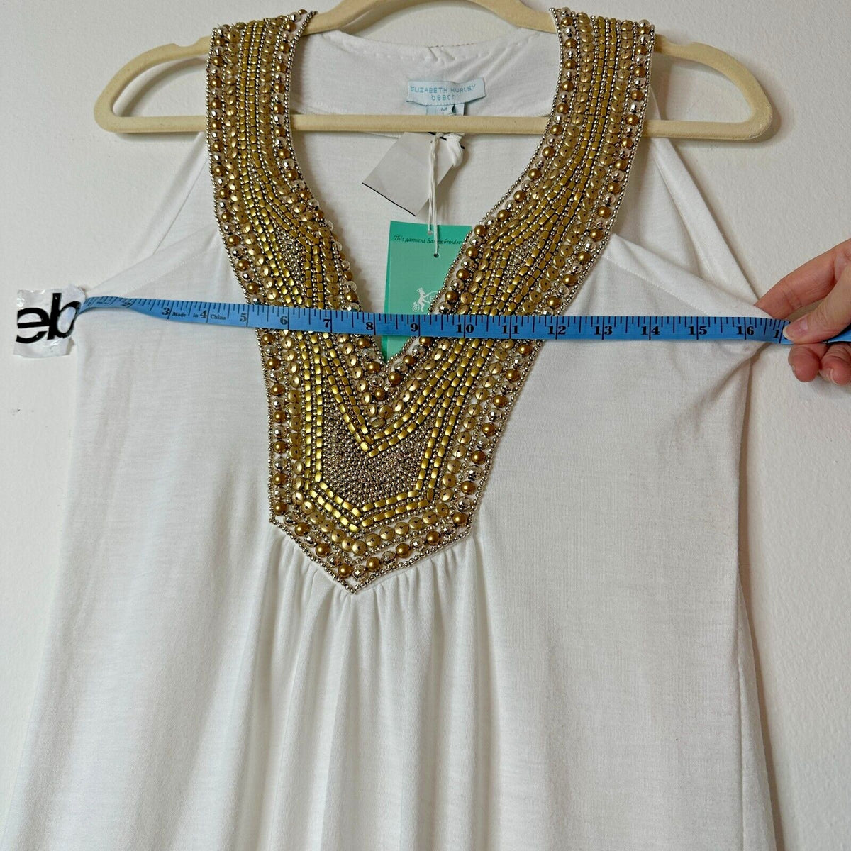 NWT Elizabeth Hurley Beach White Jemima Maxi Gold Embellished Bead Neckline Med