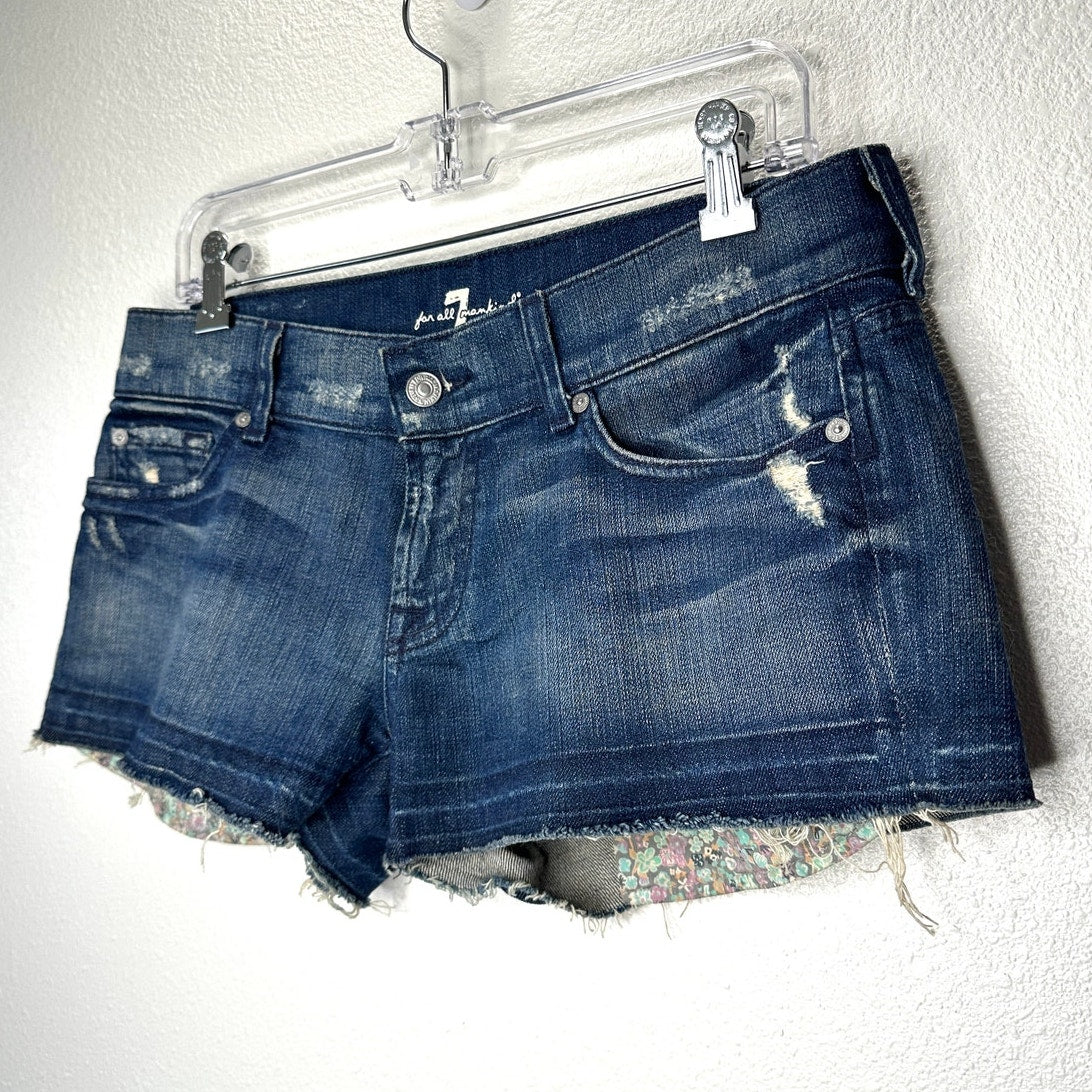 7 For All Mankind Dark Blue Distressed Low Rise Raw Hem Jean Shorts 29