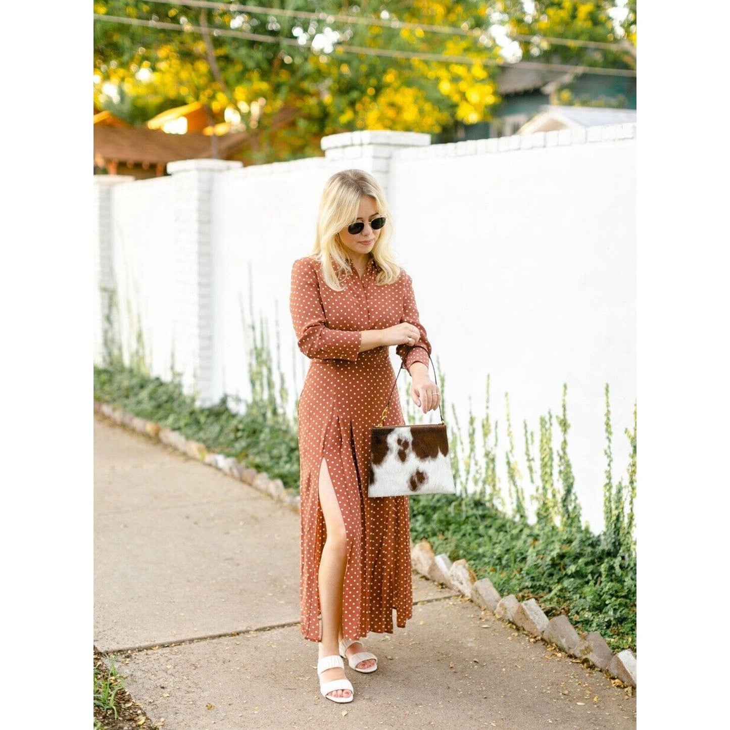 Topshop Brown Cream Polka-Dot 3/4 Sleeve Front Button Pleated Slit Maxi Dress 2