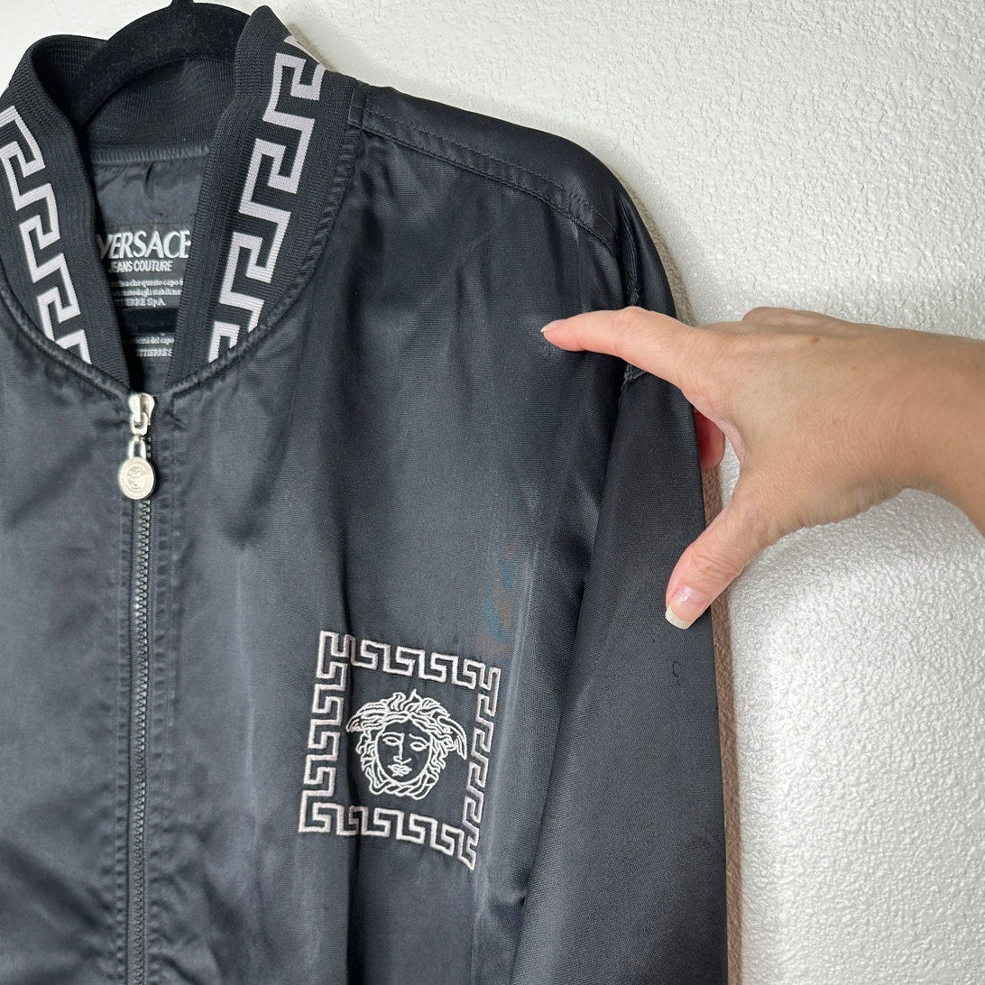 Versace Jeans Medusa Black Silver Embroidered Logo Long Sleeve Zip Bomber Jacket