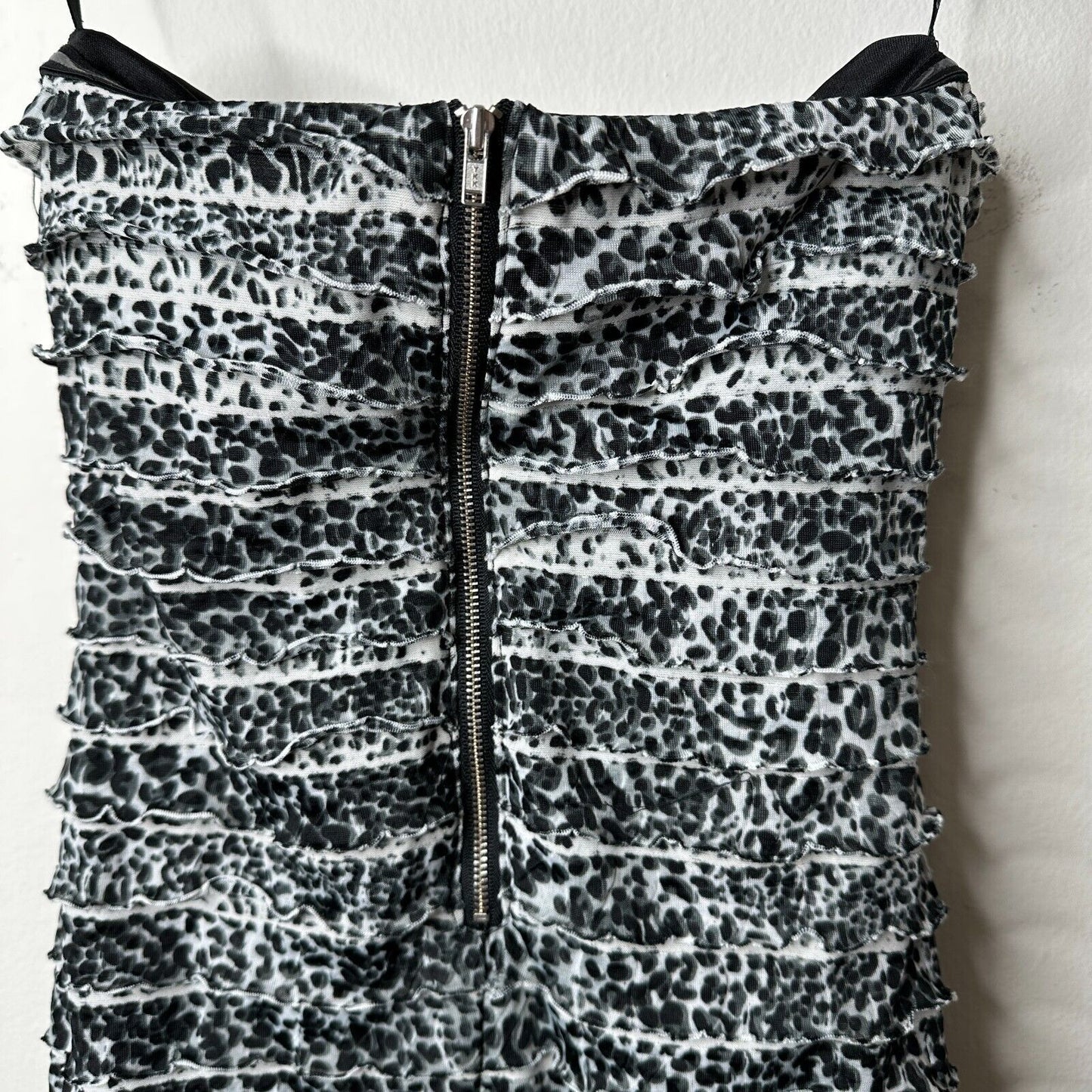 Bebe Black & White Leopard Print Tiered Mini Ruffle Bodycon Strapless Dress XS
