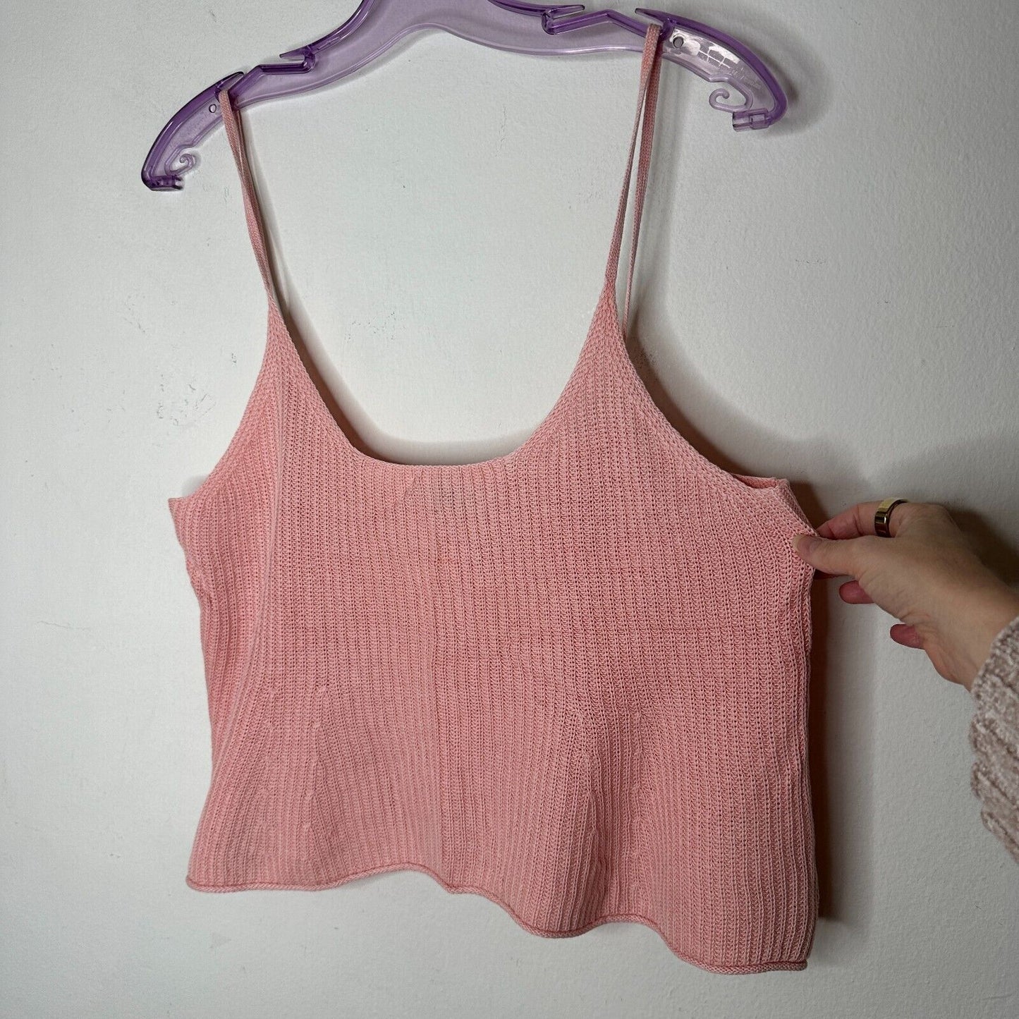 BDG Pink Rib Knit Spaghetti Strap Deep Scoop Neck Crop Top Boxy Sweater M