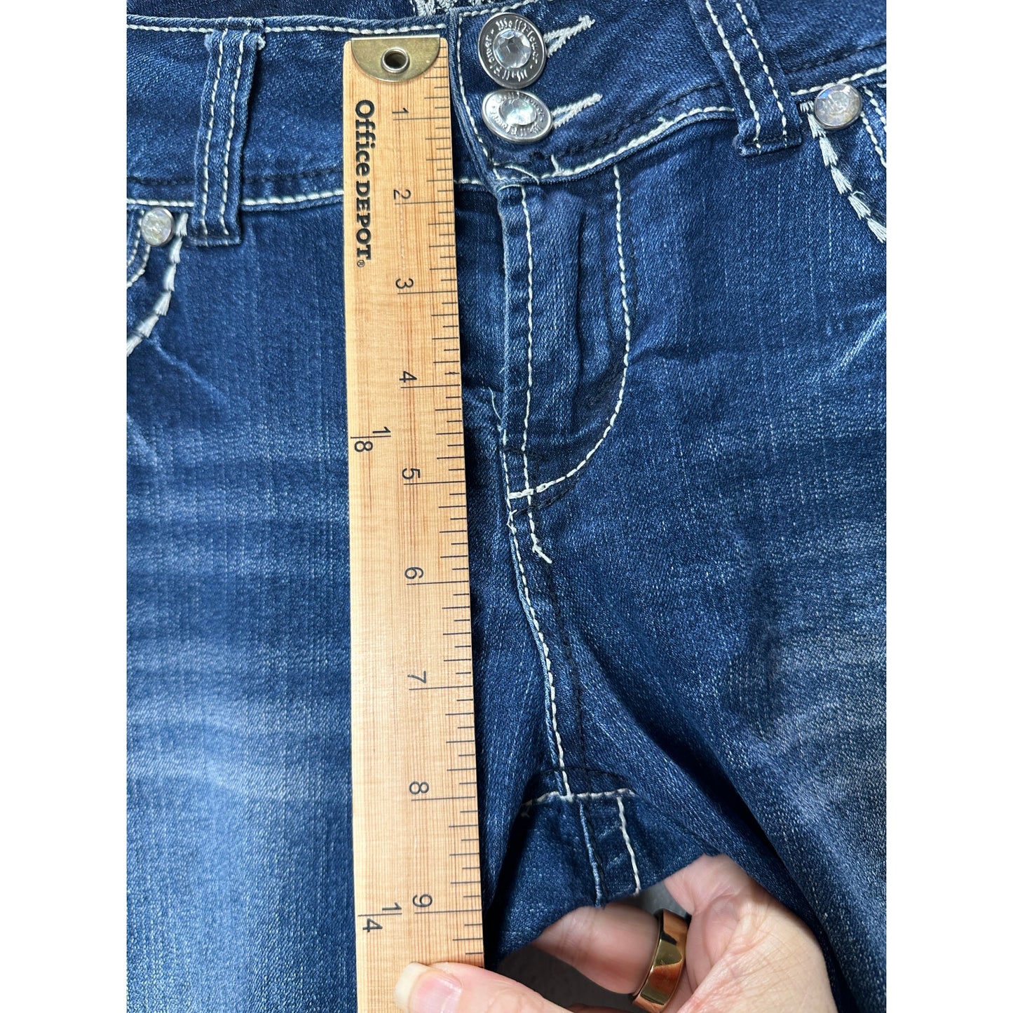Wallflower Dark Blue Wash Low Rise Whiskered Embroidered Crop Jean 28