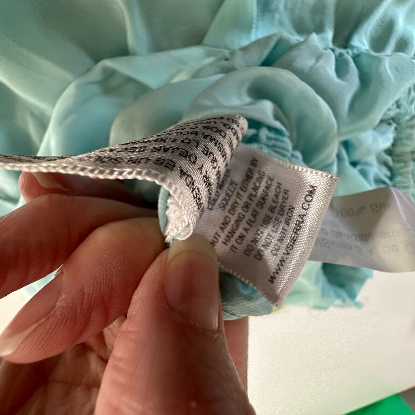 V Sierra 100% Silk Muted Aqua Spaghetti Strap V-Neck Tiered Ruffle Maxi Dress S