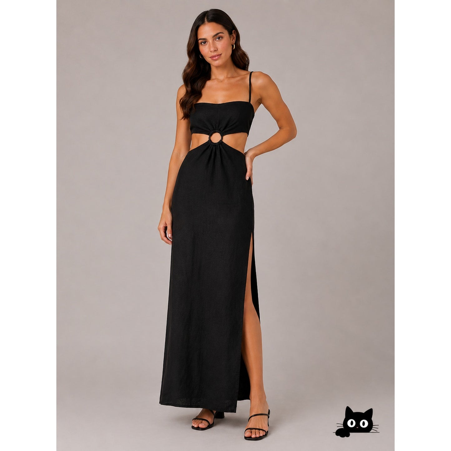 Rumer Black Avalon Ring Linen Dress Bandeau Top & Side Slit Skirt Zip Back L
