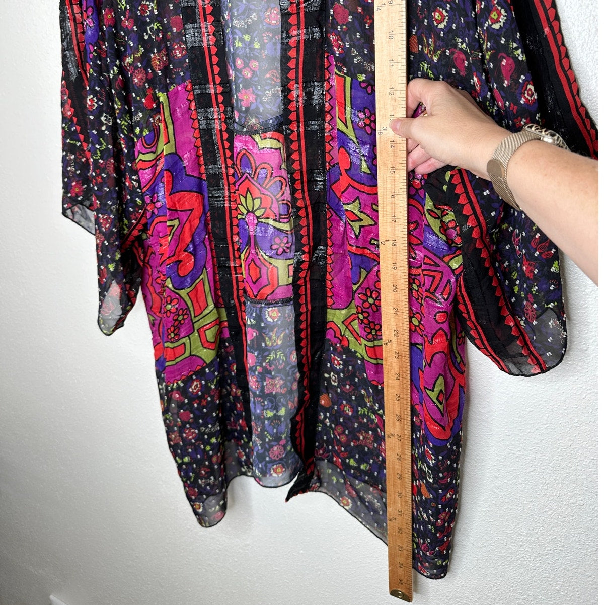 Anna Sui Multicolor Pink Black Purple Sheer Shimmer Floral Paisley Kimono M / L