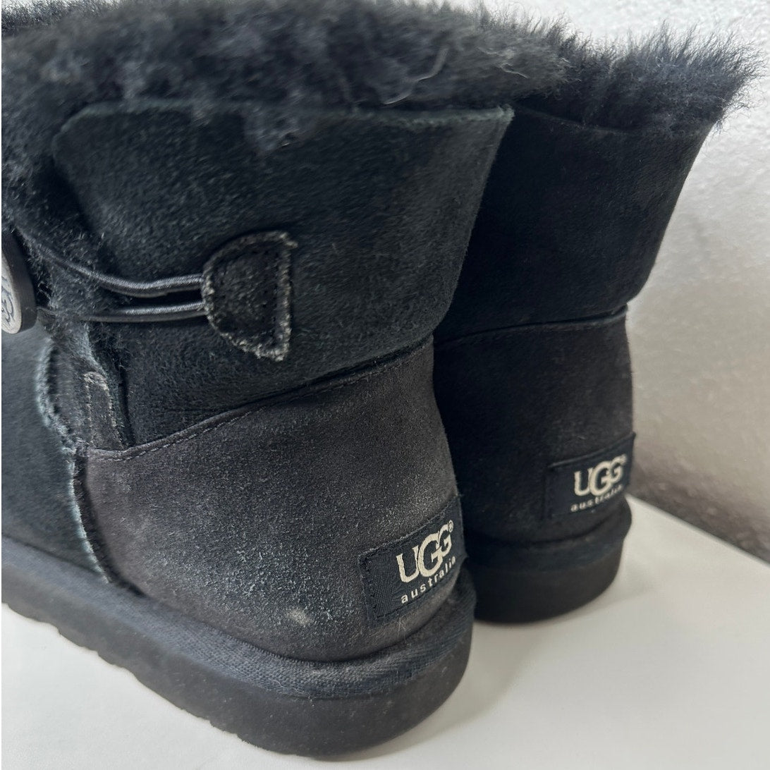 UGG Black Suede Furry Mini Bailey Button Ankle Boot 6