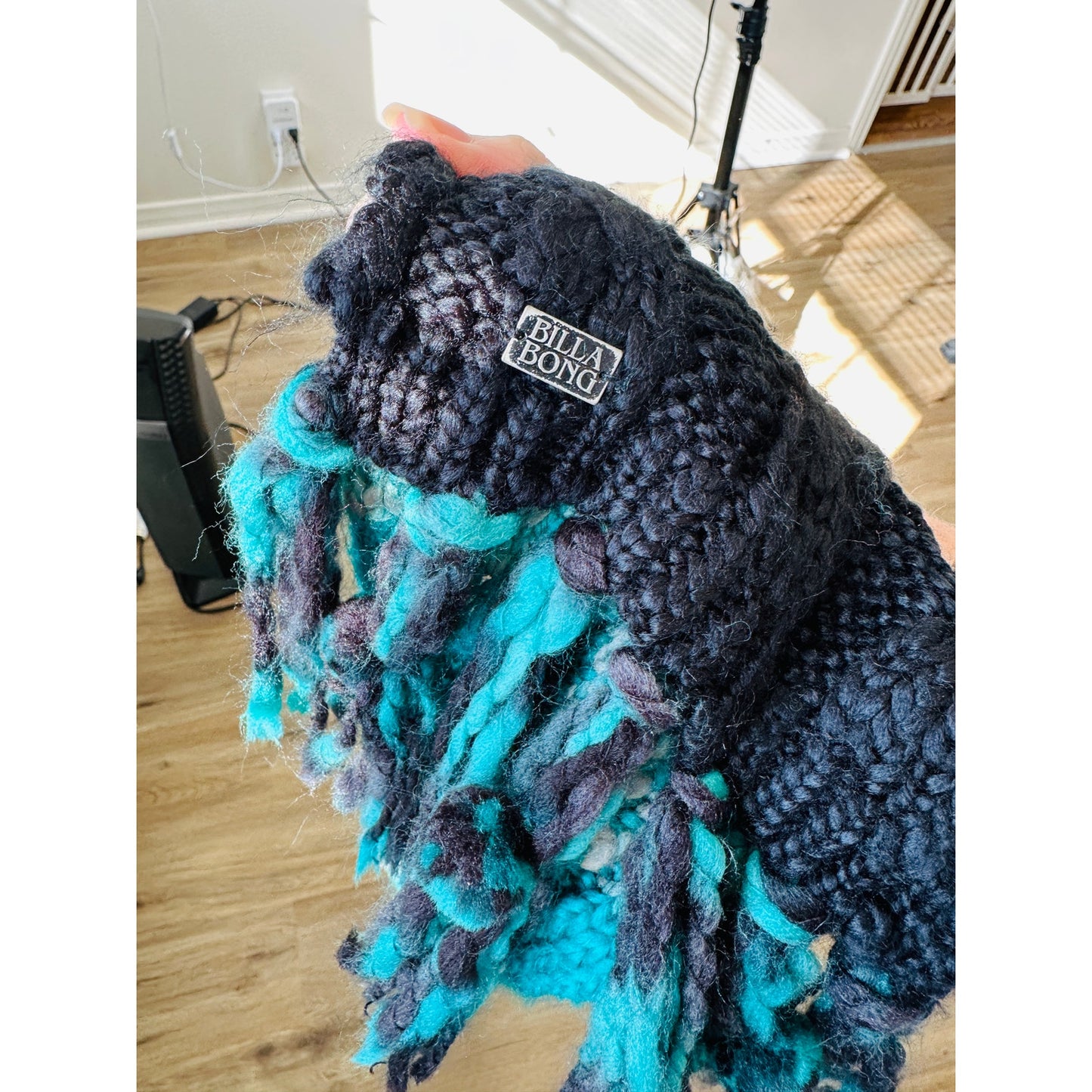 Billabong Black Gray & Teal Knit Scarf with Fringe OS